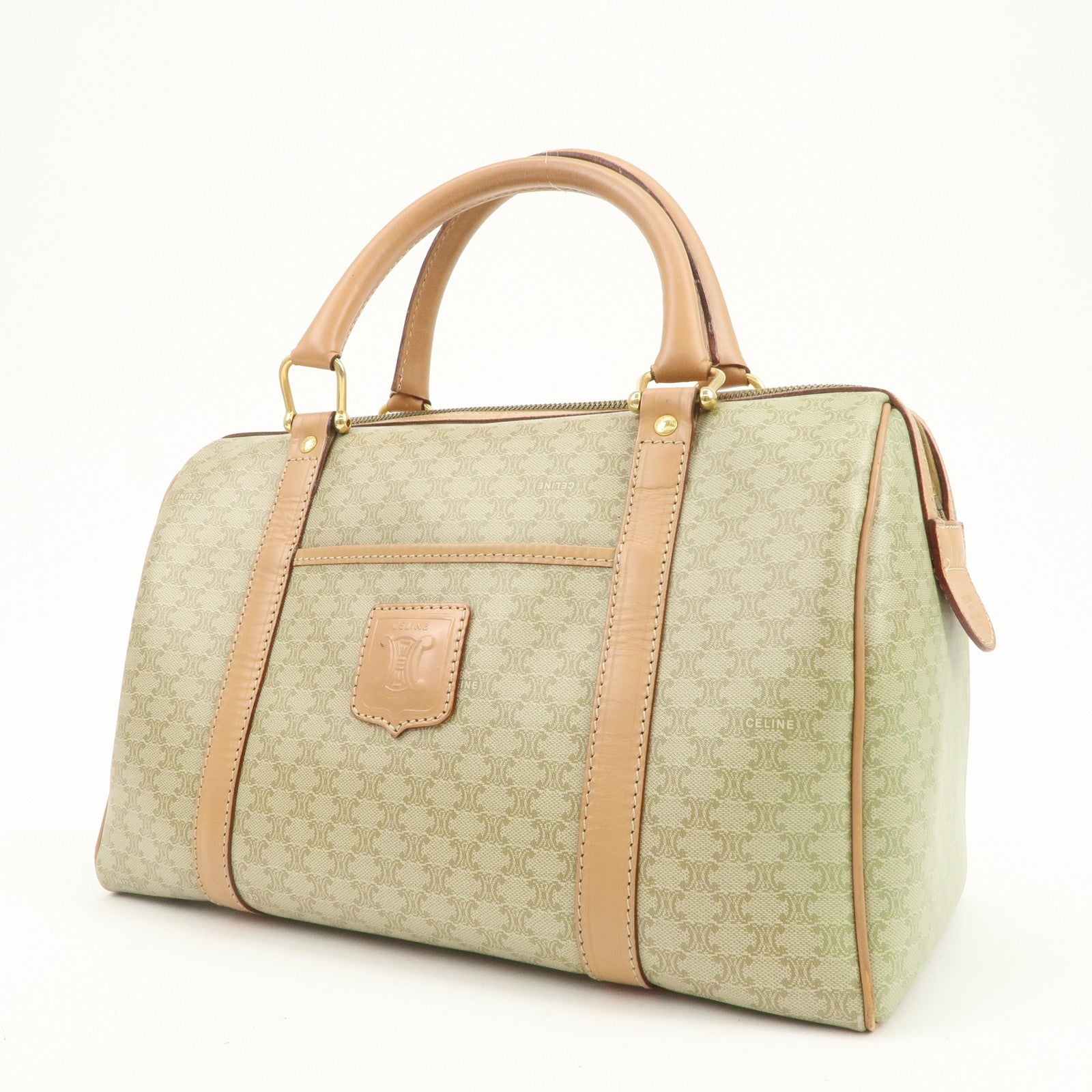 Celine Macadam Logo Boston Hand Bag - Beige, PVC