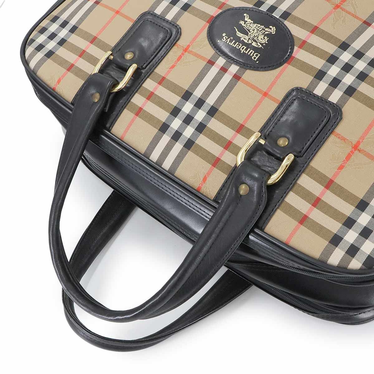 Burberry Plaid Boston Handbag - Beige Black, Canvas Leather