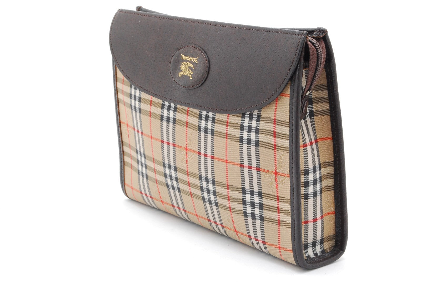 Burberry Nova Check Clutch Pouch Bag - Brown, Leather Fabric