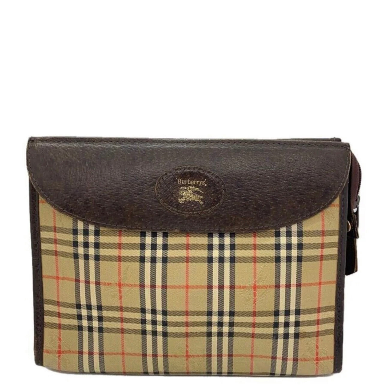 Burberry Nova Check Clutch Pouch Bag - Brown, Leather Fabric