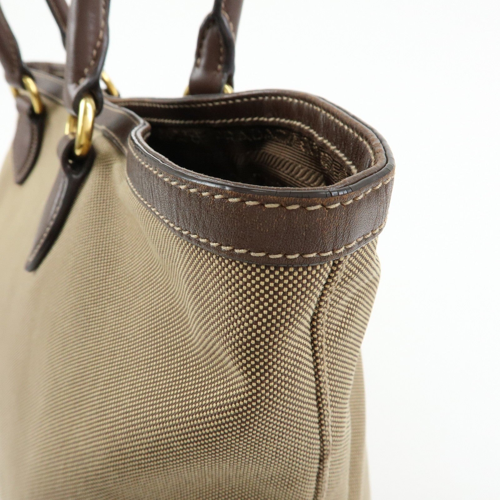 Prada Triangle Logo Jacquard Tote Shoulder Bag - Beige, Leather