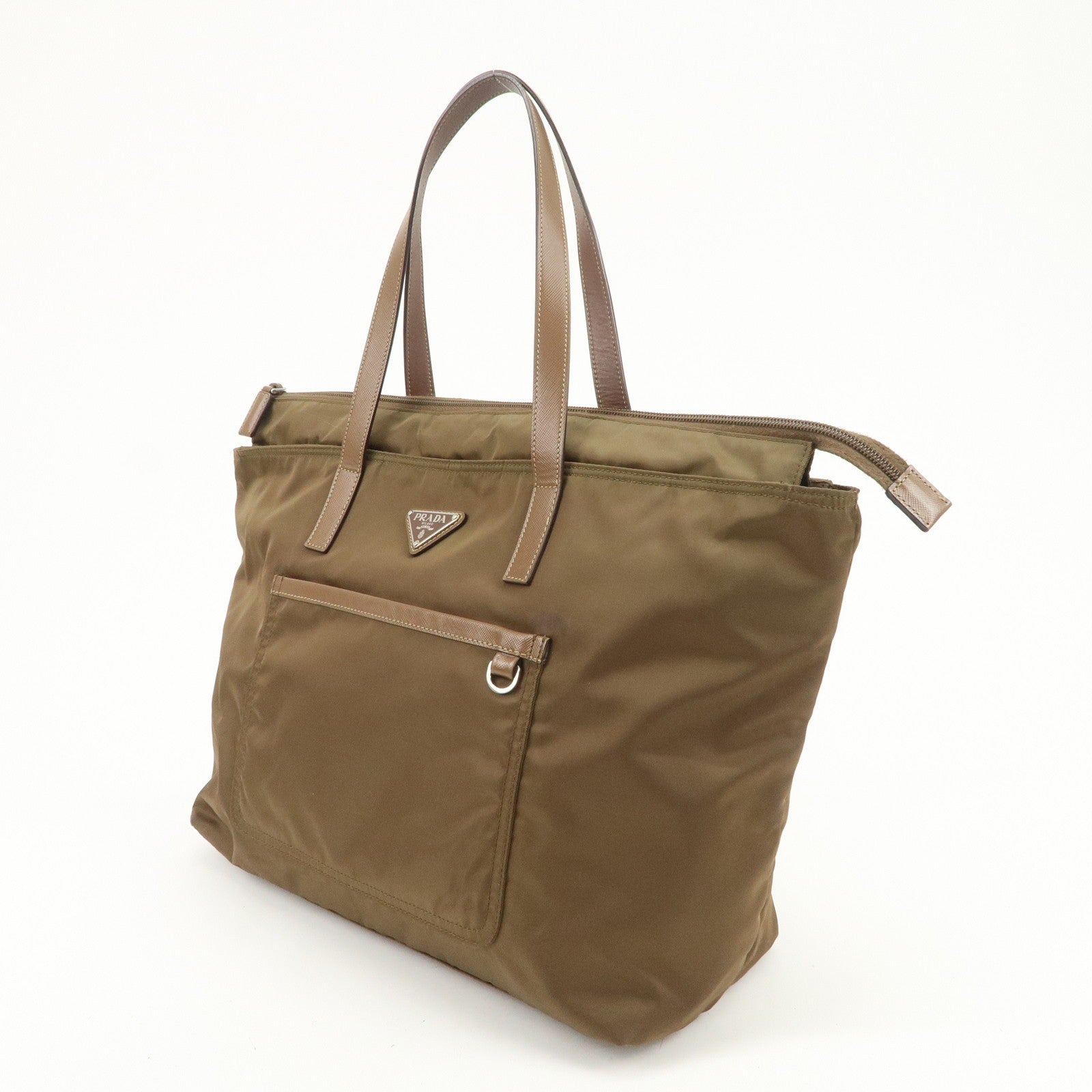Prada Triangle Logo Tote Bag - Brown, Nylon and Saffiano Leather