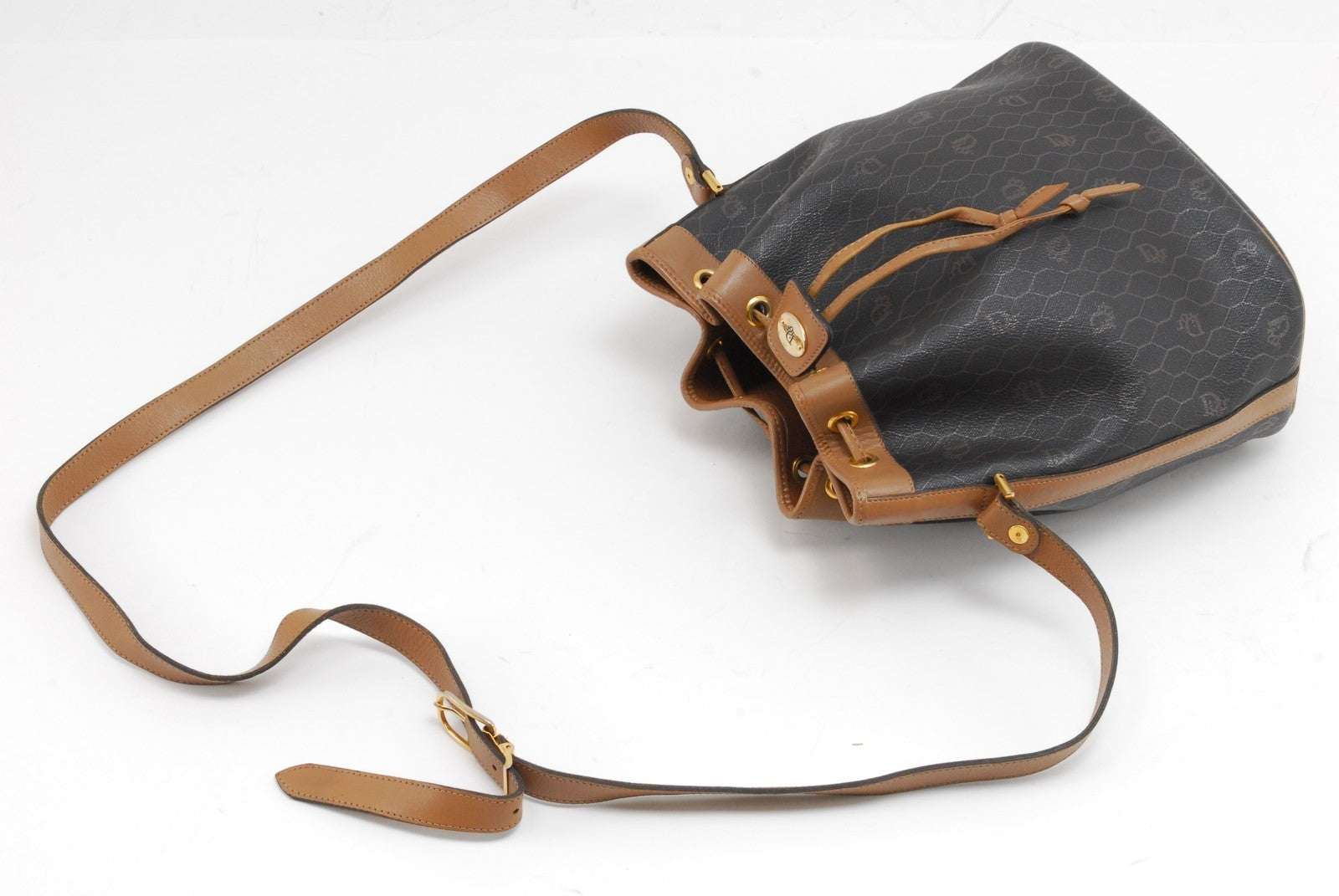 Dior Honeycomb Drawstring Shoulder Bag - Black Brown, Canvas Leather