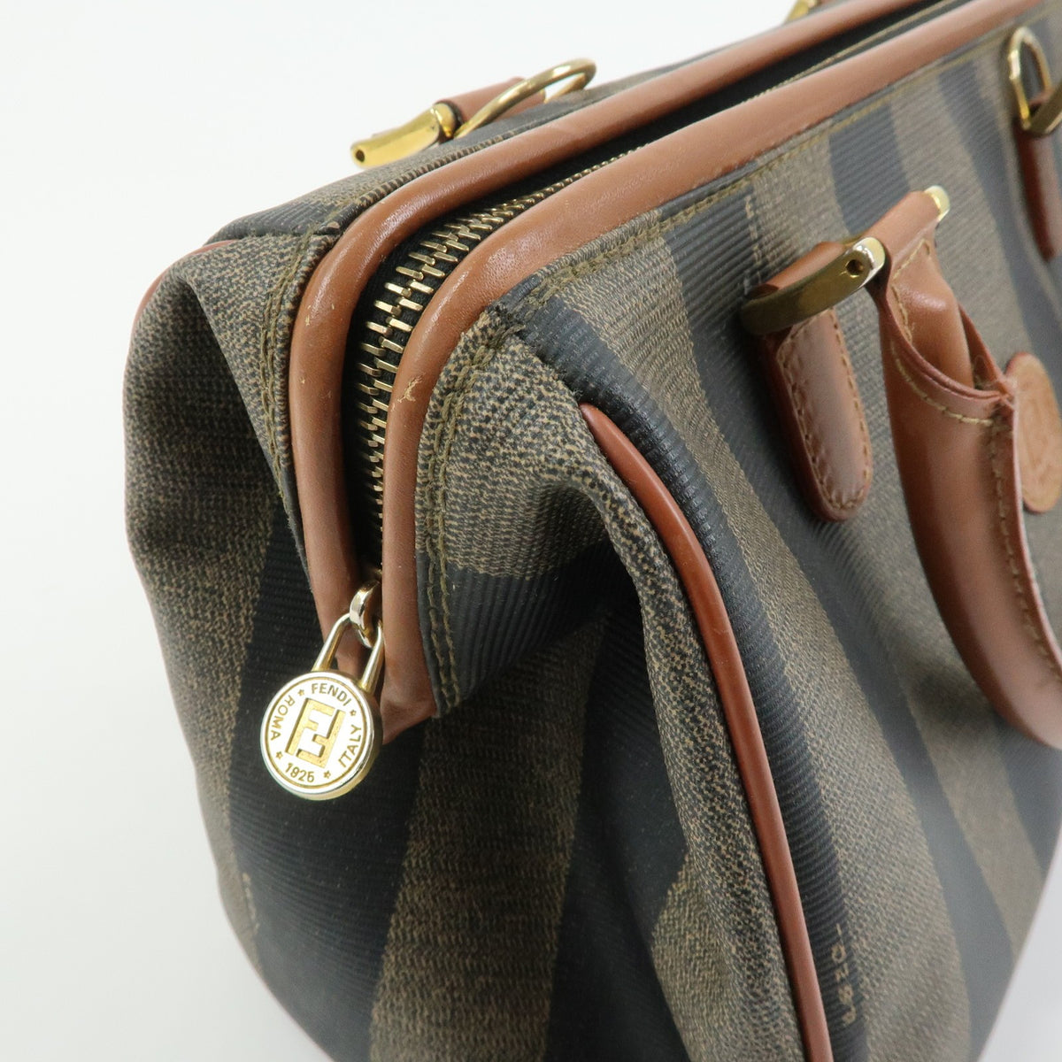Fendi Pequin Boston Bag - Brown Beige Black, PVC Leather