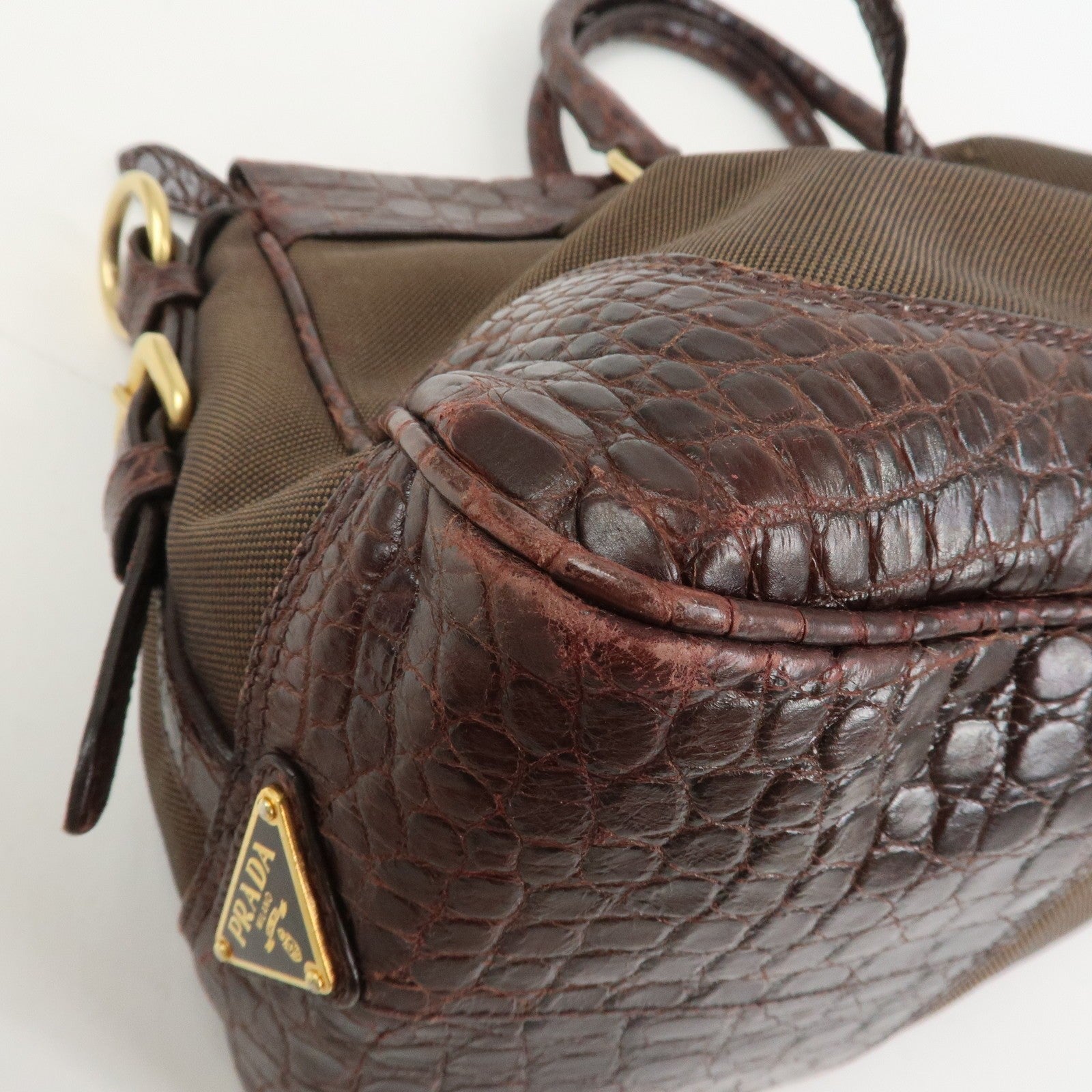Prada 2Way Shoulder Bag - Brown, Canvas and Embossed Leather