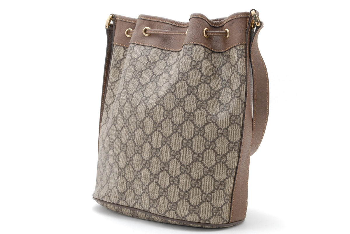 Gucci GG Supreme Monogram Canvas Drawstring Bucket Shoulder Bag - Brown, PVC Leather