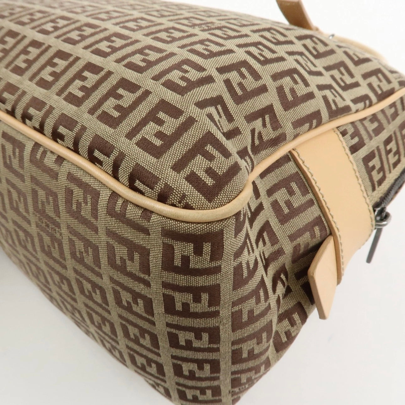 FENDI Zucchino Canvas Leather Shoulder Bag Beige