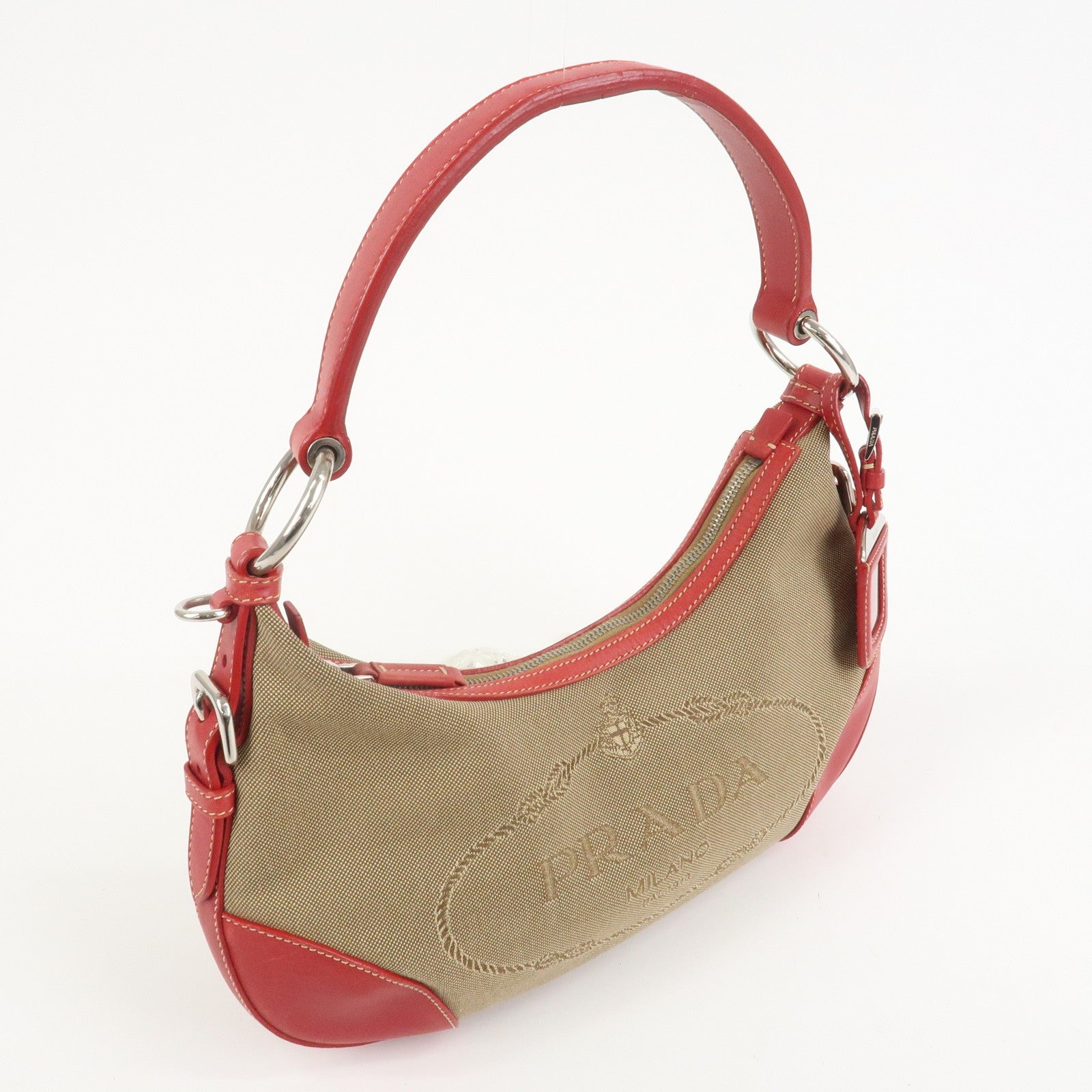 Prada Shoulder Bag - Light Brown, Red, Logo Jacquard, Leather