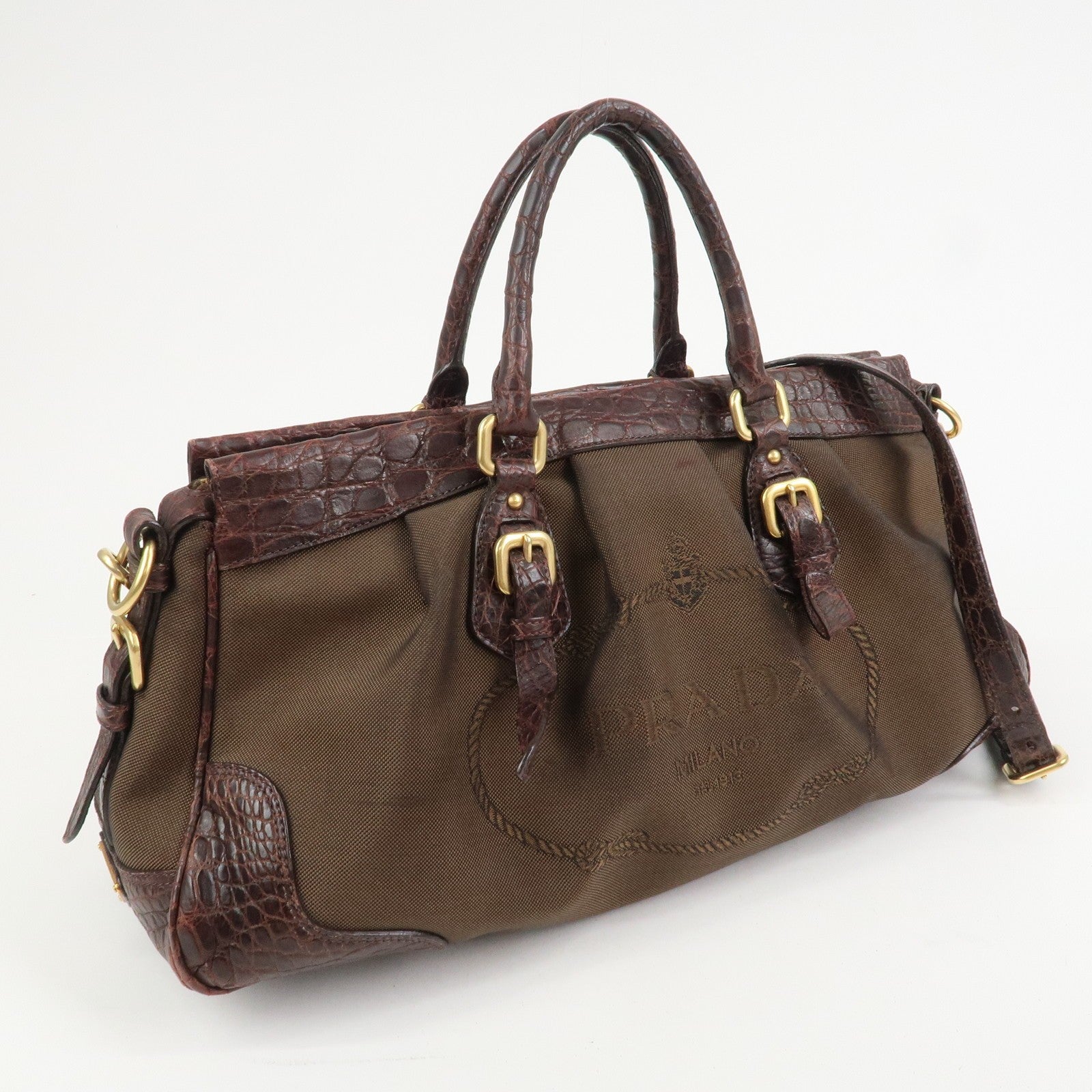 Prada 2Way Shoulder Bag - Brown, Canvas and Embossed Leather
