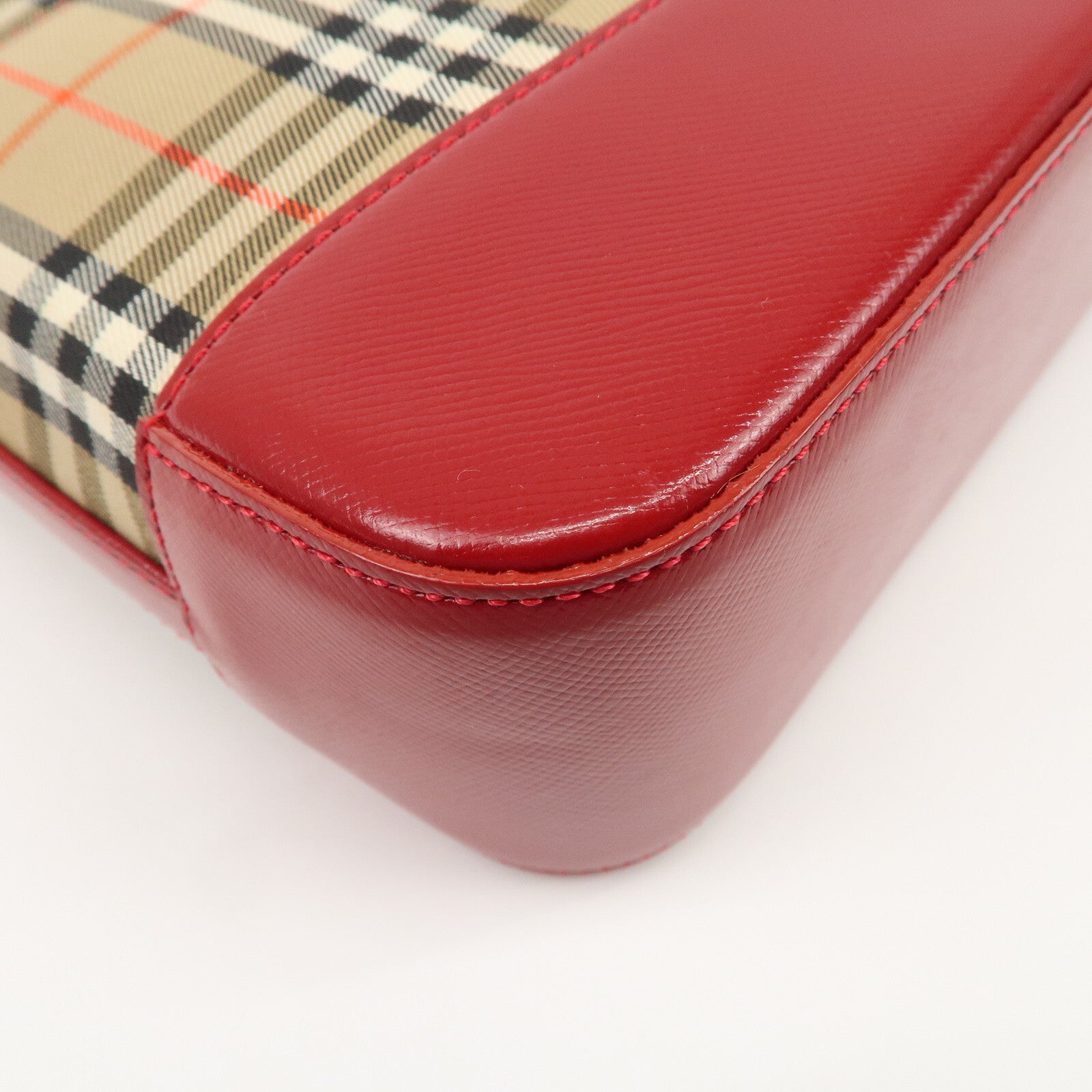Burberry Nova Plaid Canvas Leather Shoulder Hand Bag - Red, Canvas