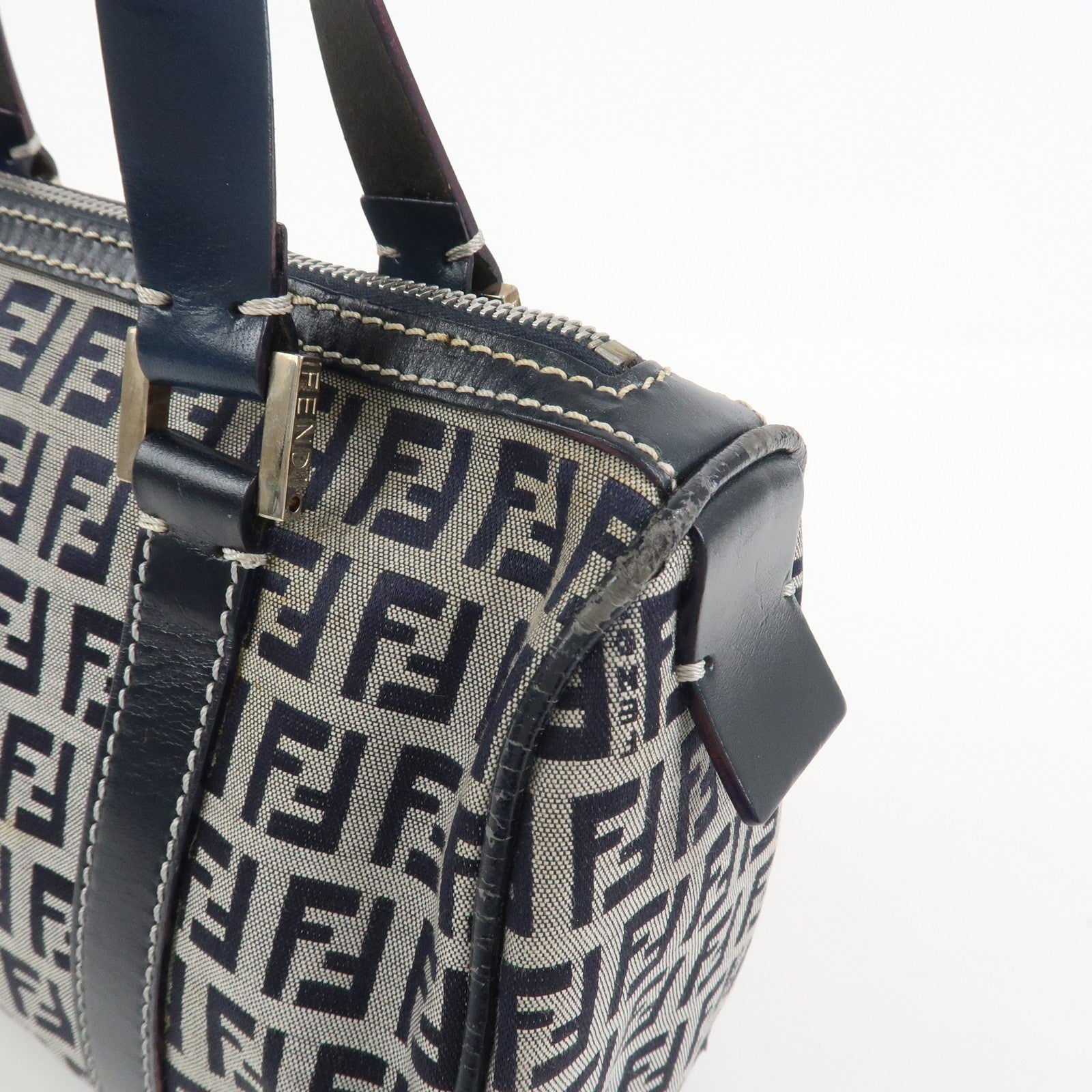 Fendi Boston Hand Bag - Navy, Canvas, Leather