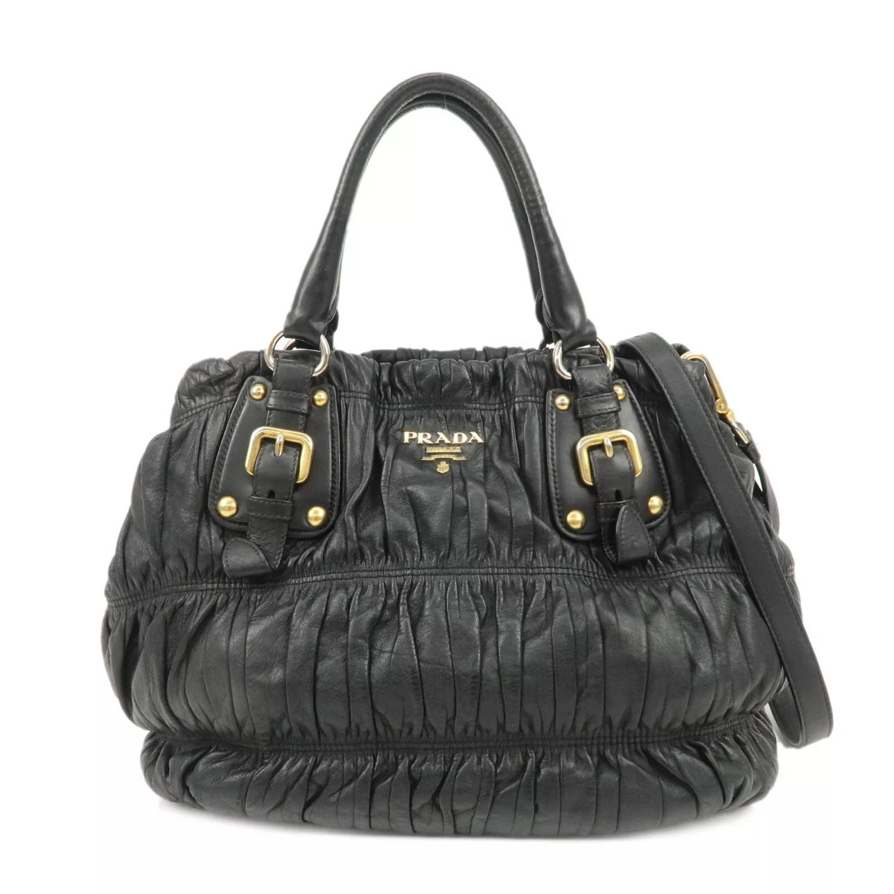 PRADA Leather Gathered 2Way Shoulder Bag Black