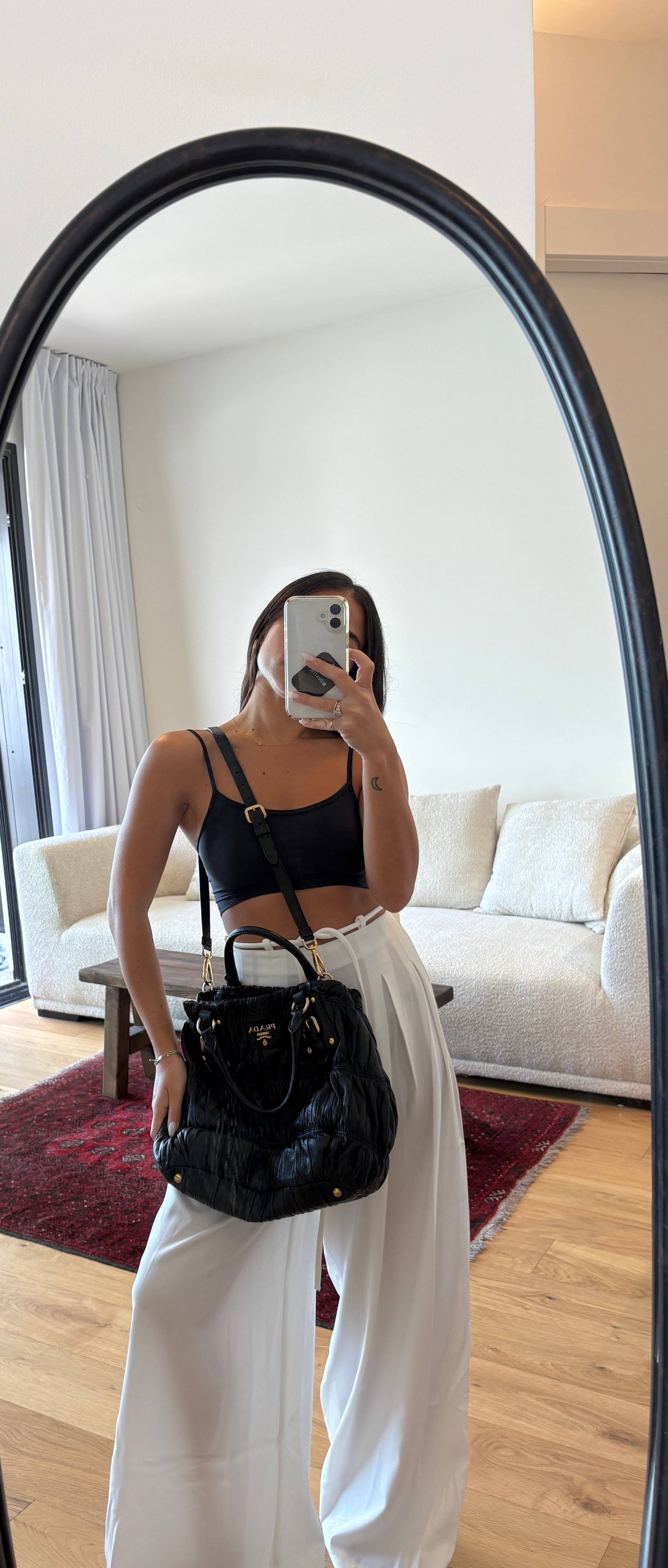 PRADA Leather Gathered 2Way Shoulder Bag Black