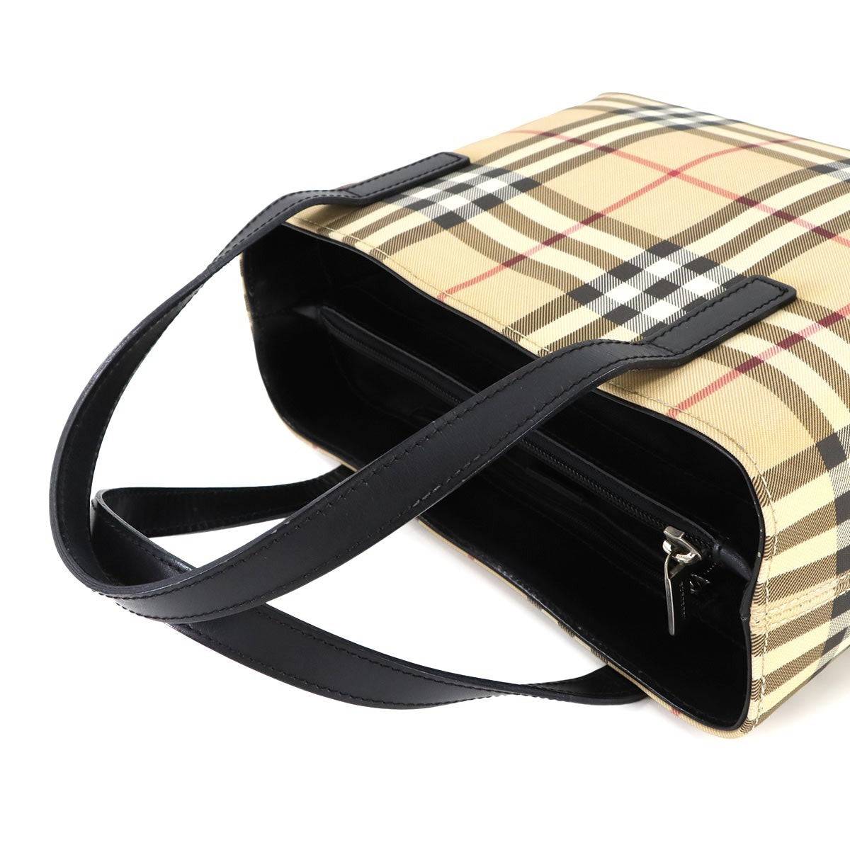 Burberry Plaid Hand Bag - Beige, Black, PVC, Leather