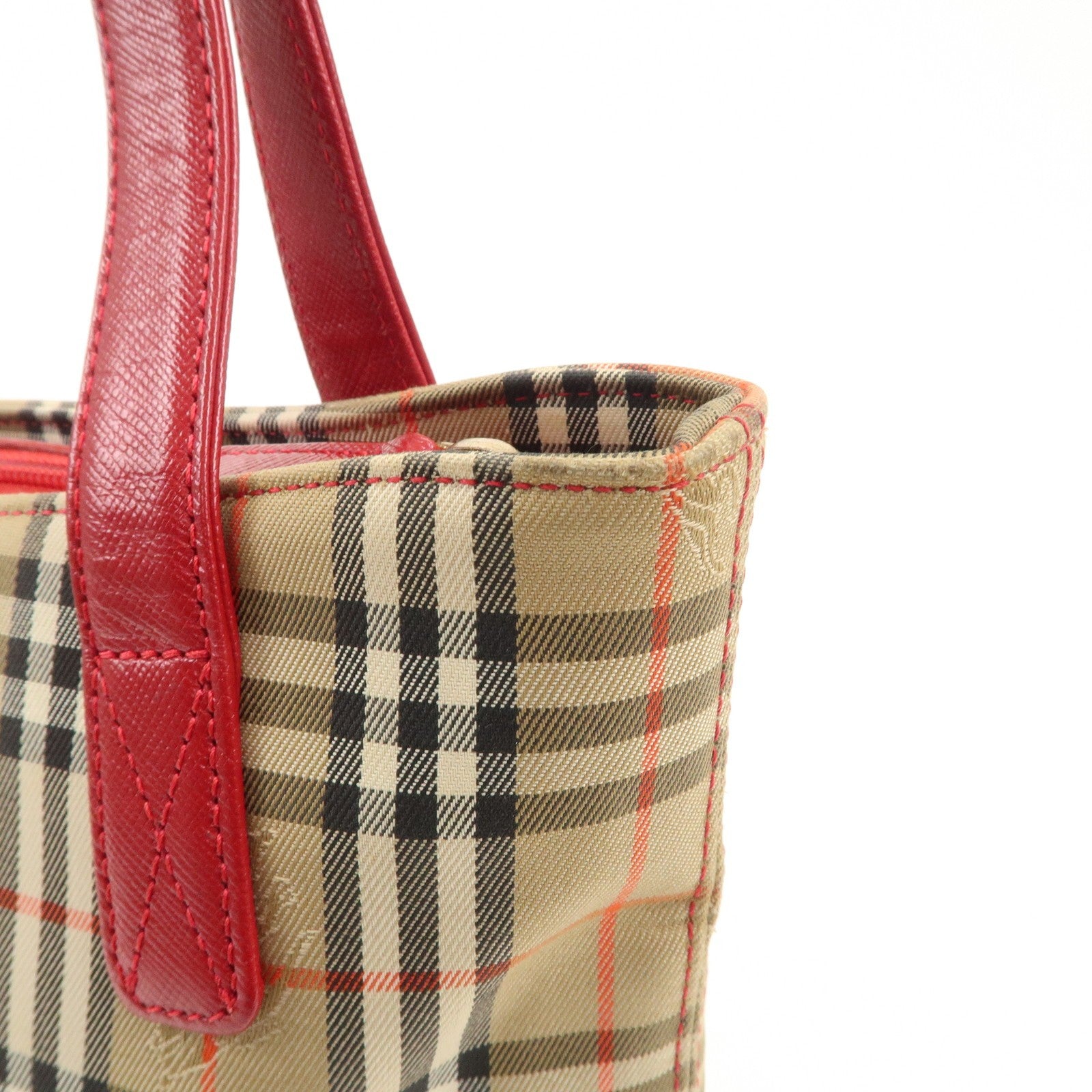 Burberry Nova Plaid Tote Bag - Red Beige, Leather Canvas