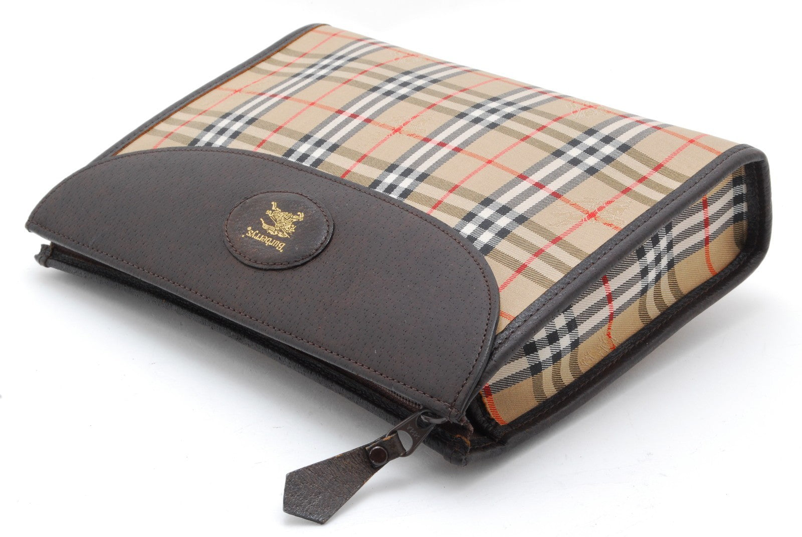 Burberry Nova Check Clutch Pouch Bag - Brown, Leather Fabric