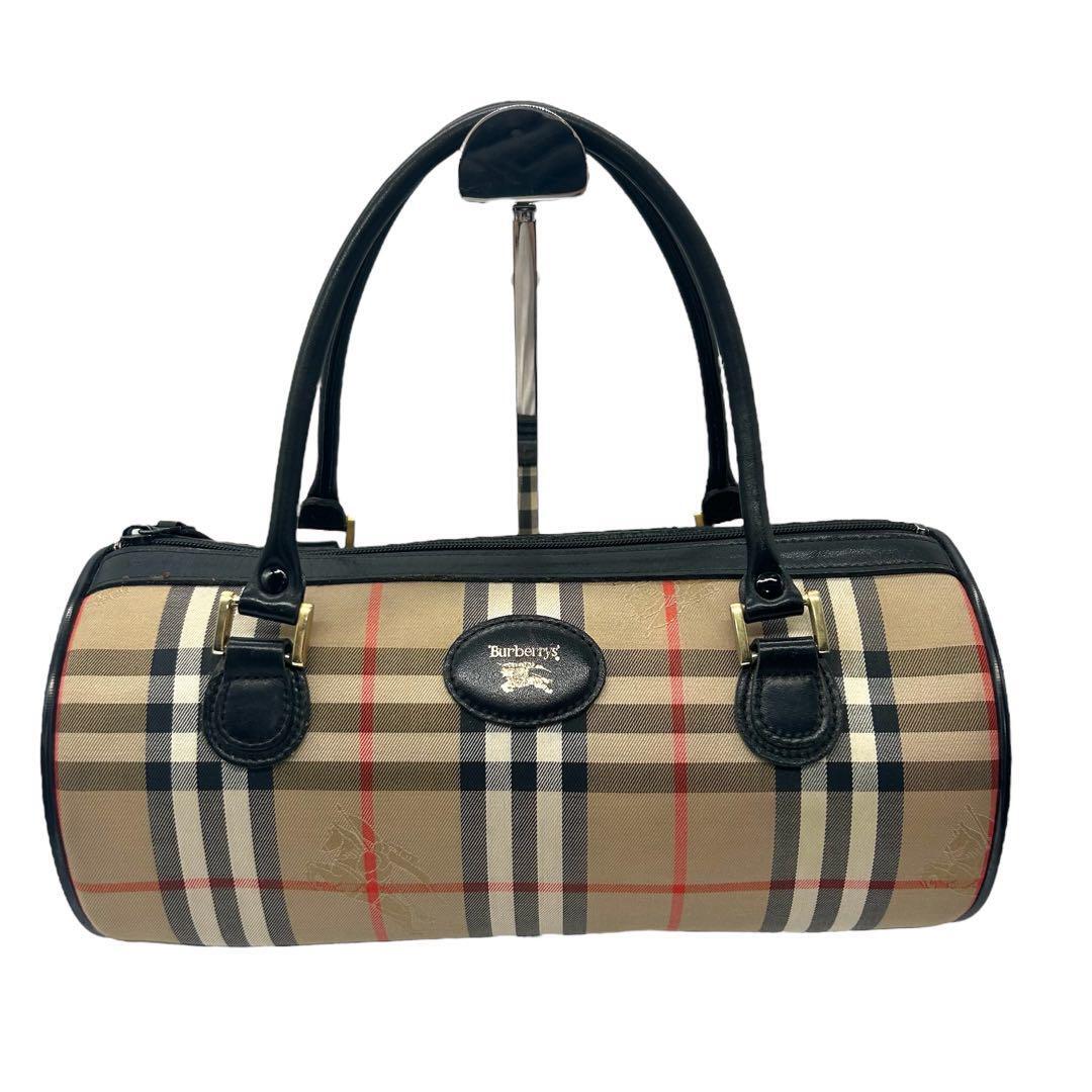 Burberry Nova Check Cylindrical Hand Bag - Black x Beige, Canvas and Leather
