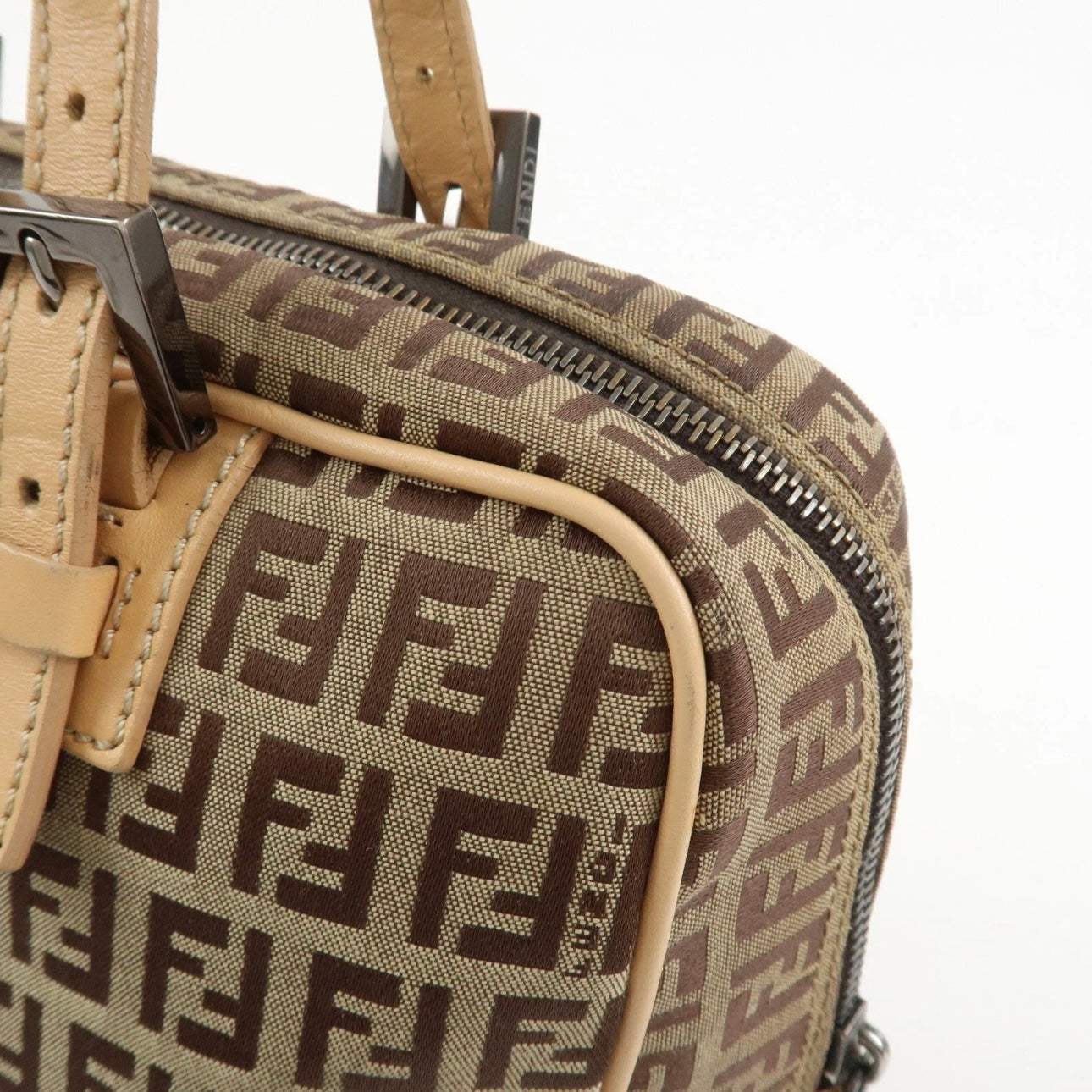 FENDI Zucchino Canvas Leather Shoulder Bag Beige