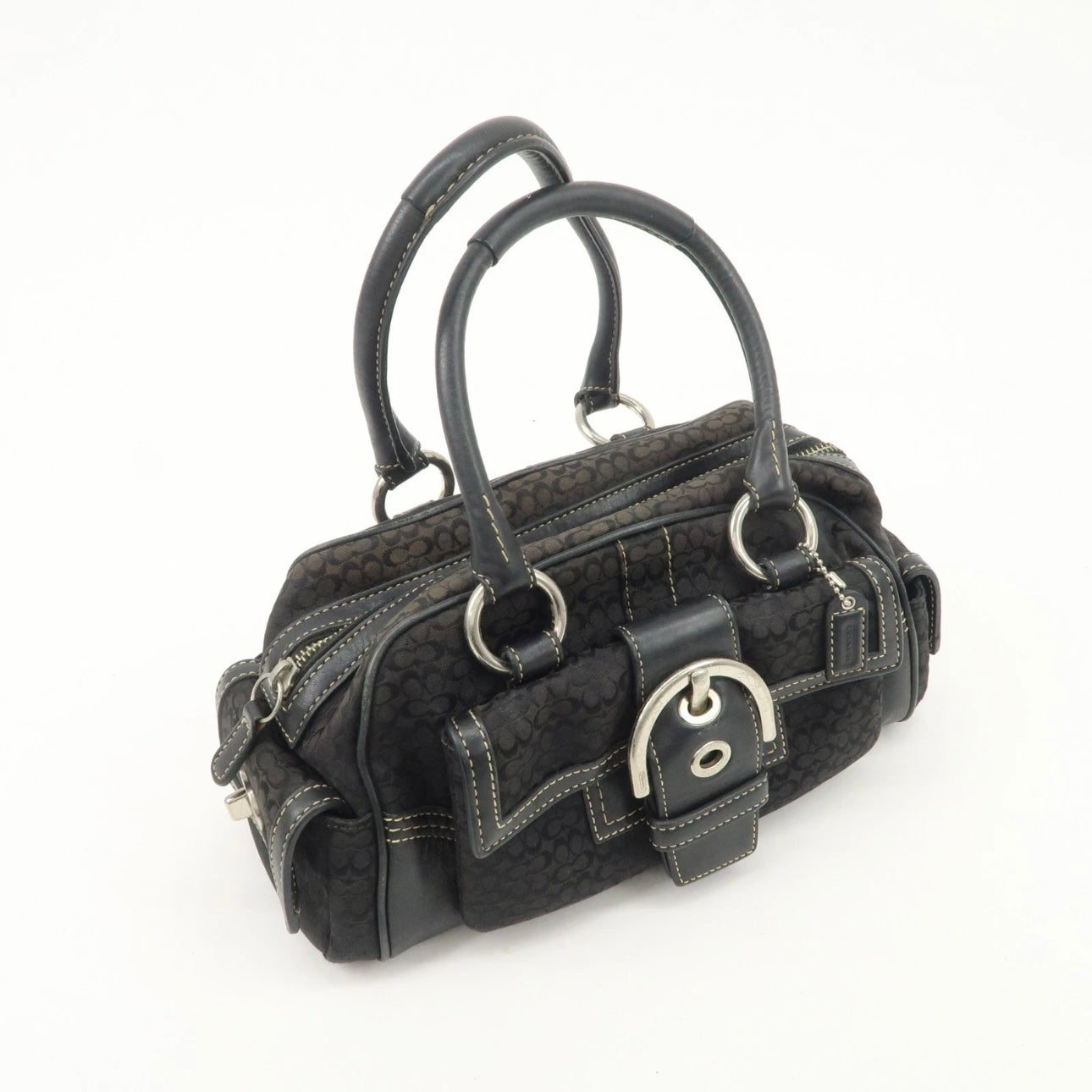 COACH Leather Canvas Hand Bag Brown Silver