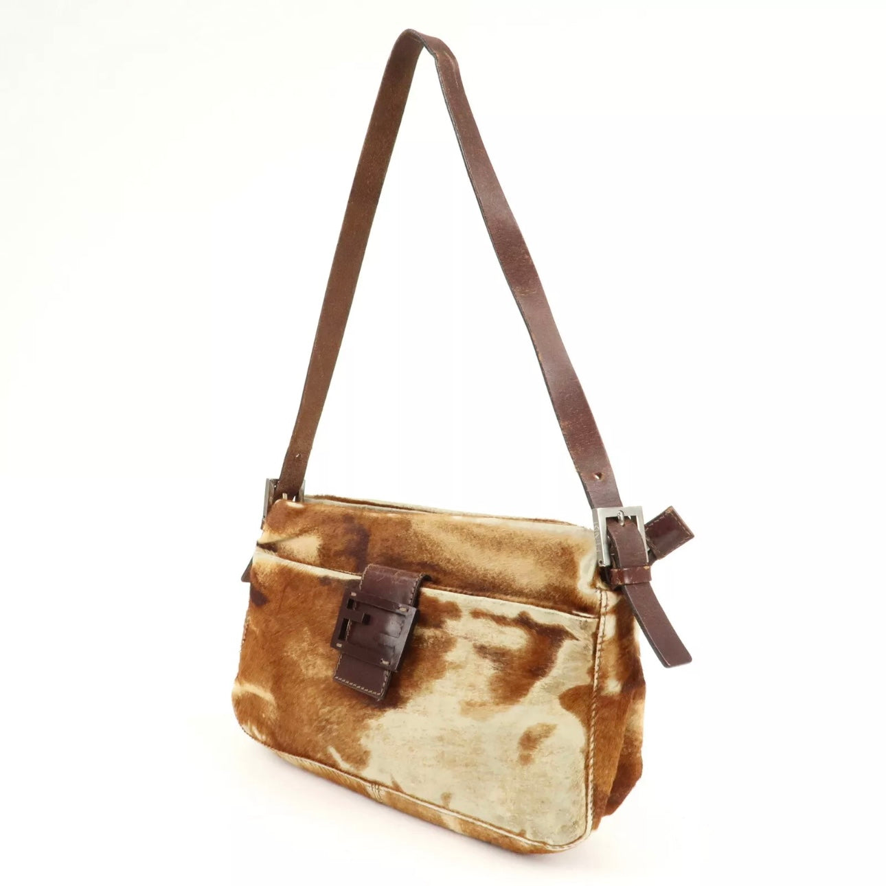 FENDI Calf Leather Shoulder Bag Brown Beige