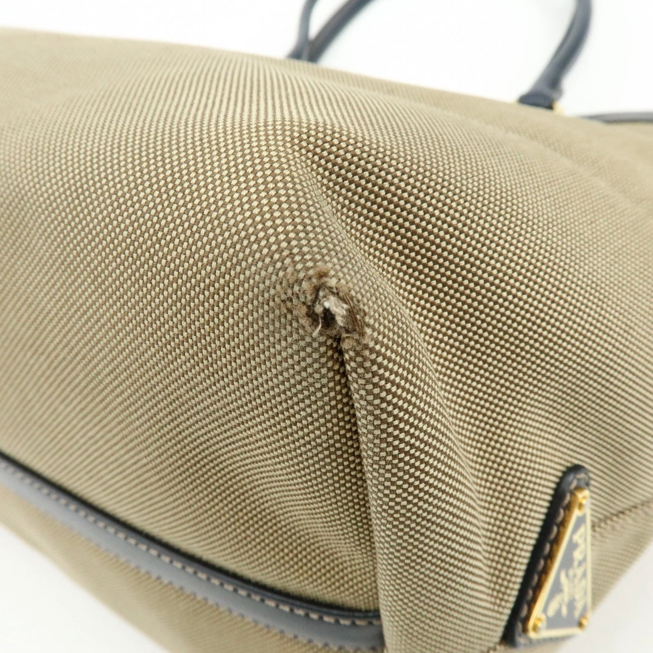 PRADA Logo Jacguard Leather Tote Bag Beige Navy