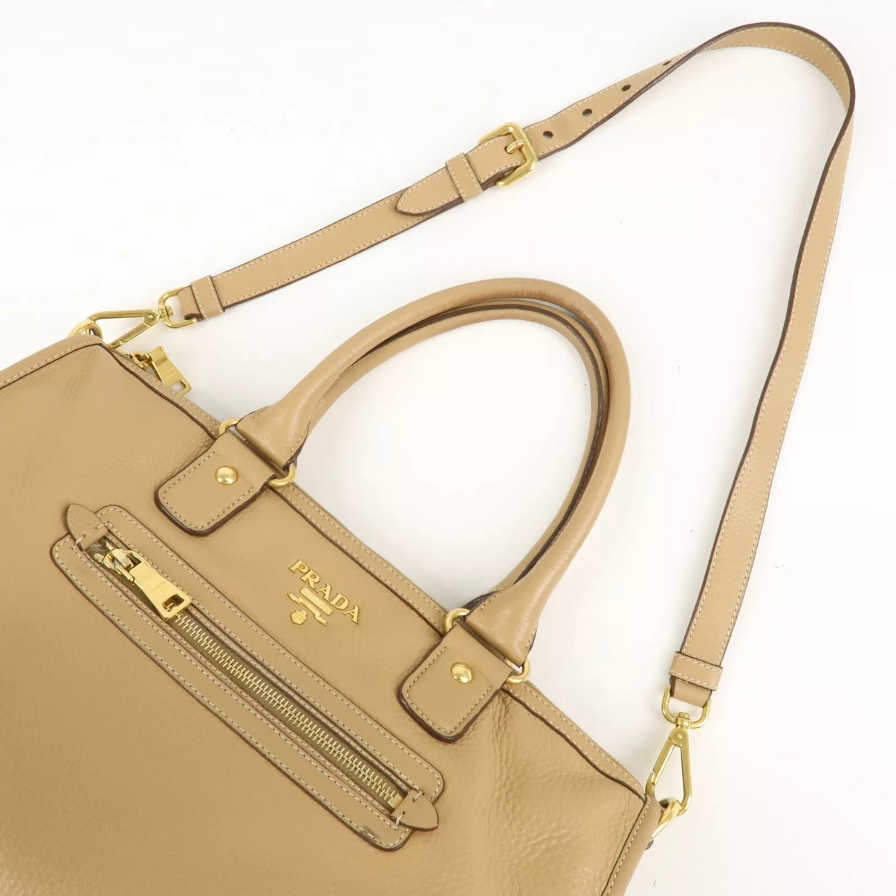 PRADA Logo Leather 2Way Bag - Beige, Leather