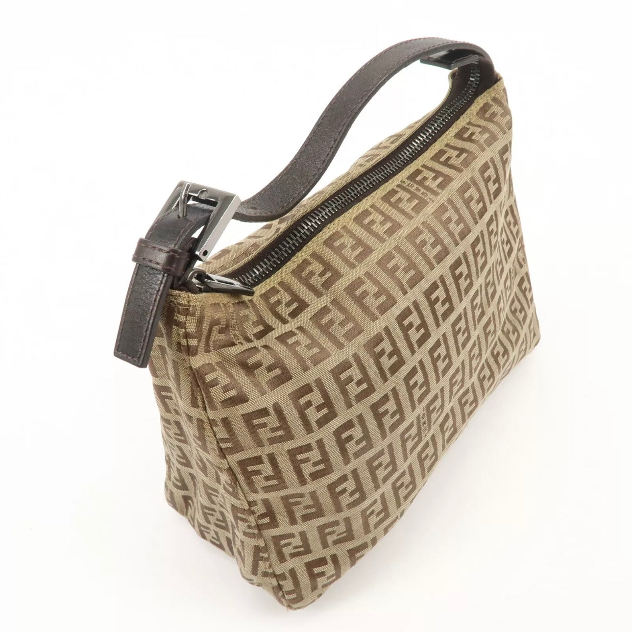 Fendi Zucchino Canvas Leather Hand Bag Beige Brown