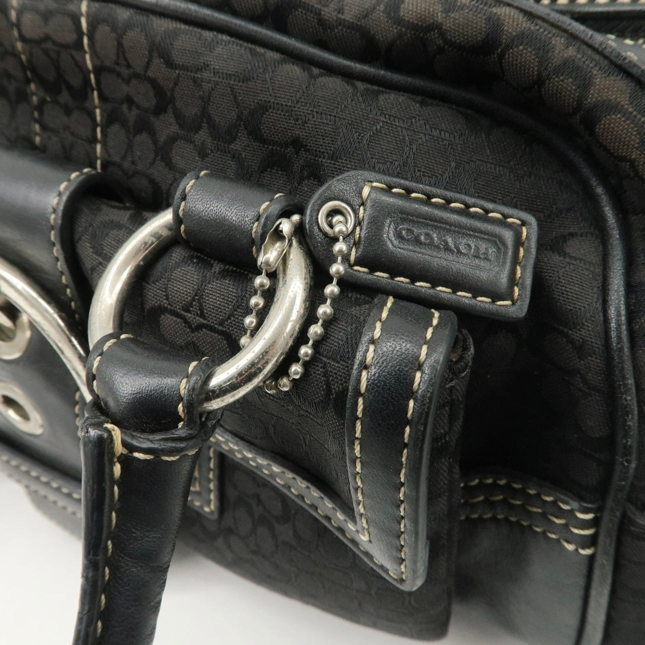 COACH Leather Canvas Hand Bag Brown Silver