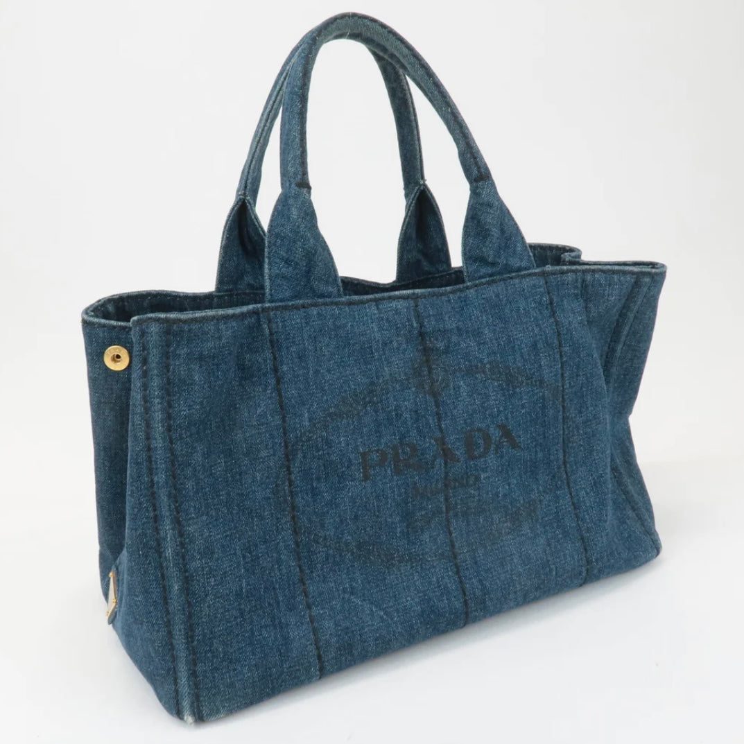 Prada Canapa Large Canvas Tote Bag Hand Bag Denim Blue