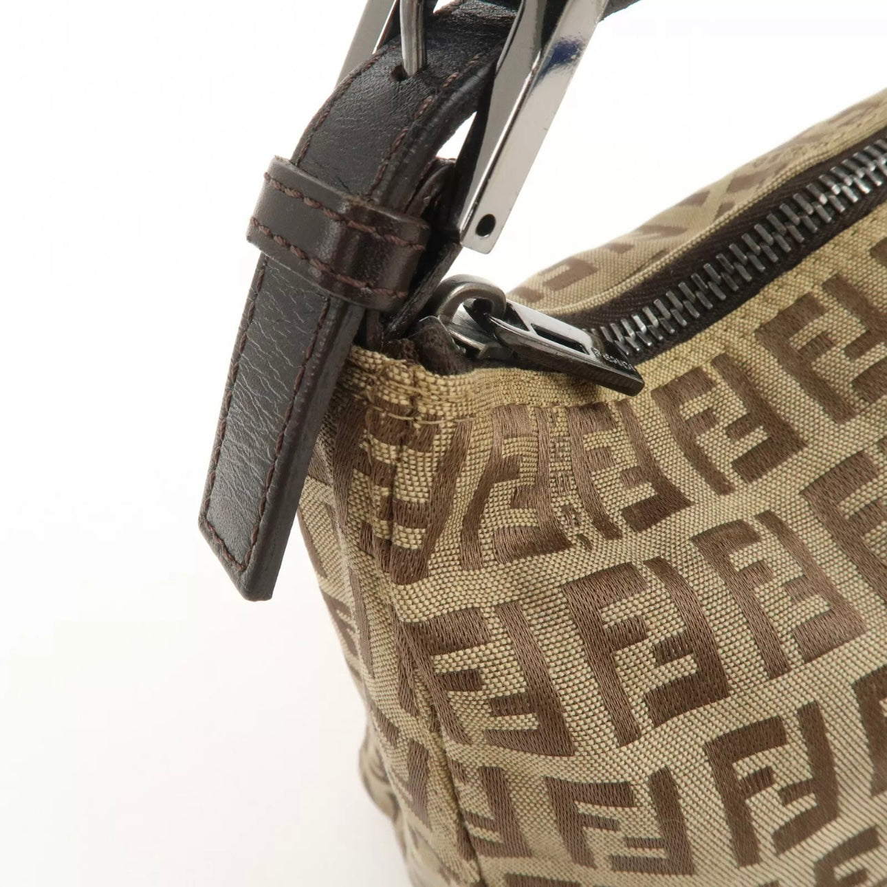 Fendi Zucchino Canvas Leather Hand Bag Beige Brown
