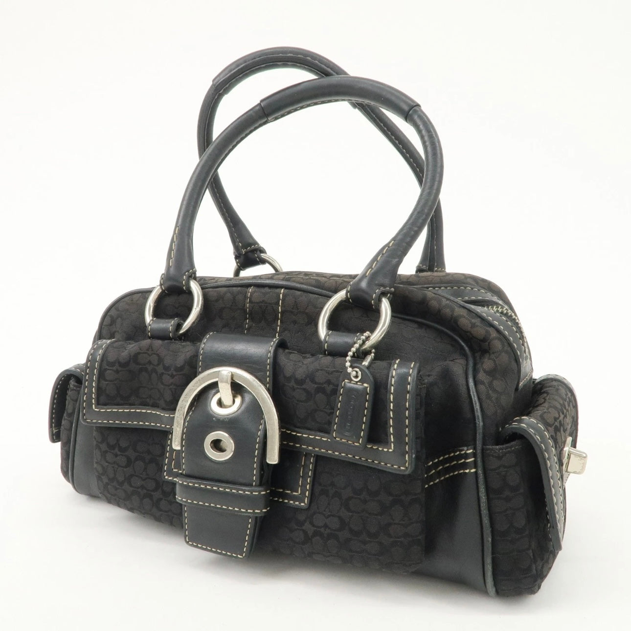 COACH Leather Canvas Hand Bag Brown Silver