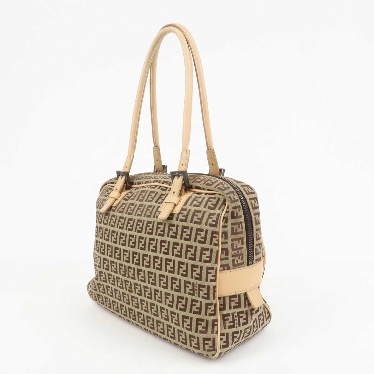 FENDI Zucchino Canvas Leather Shoulder Bag Beige