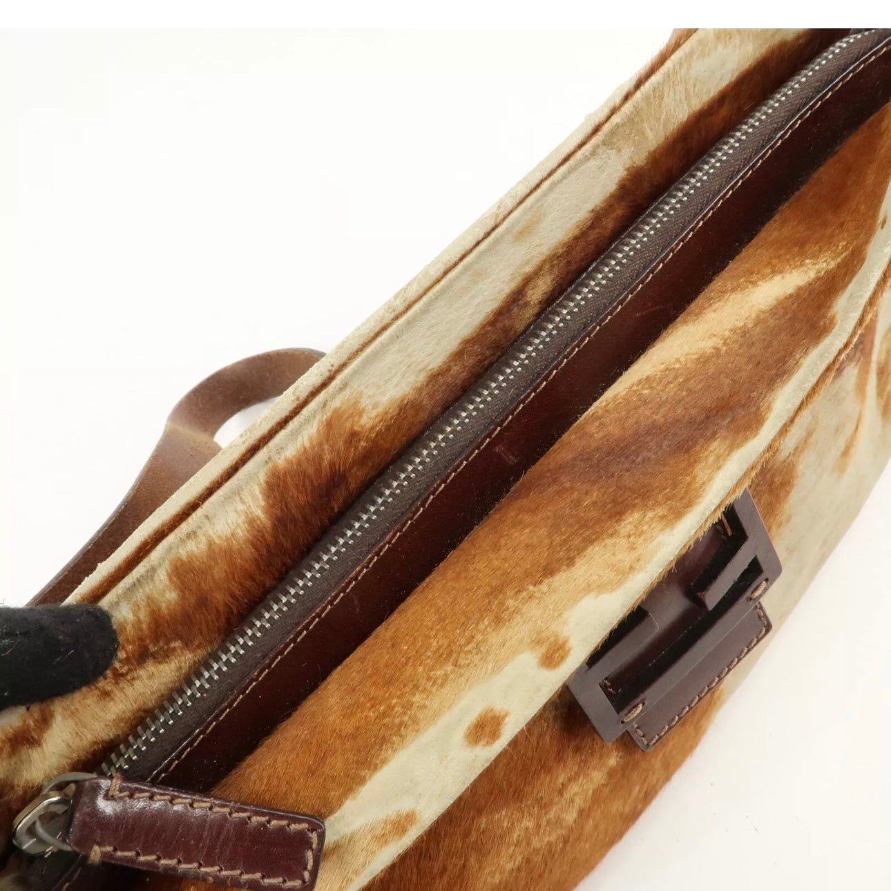 FENDI Calf Leather Shoulder Bag Brown Beige