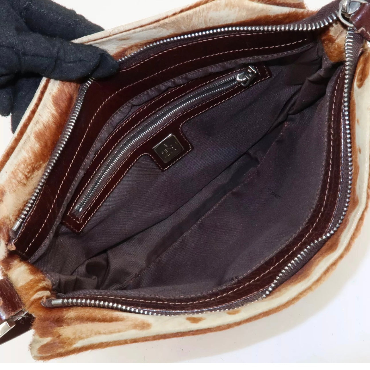 FENDI Calf Leather Shoulder Bag Brown Beige