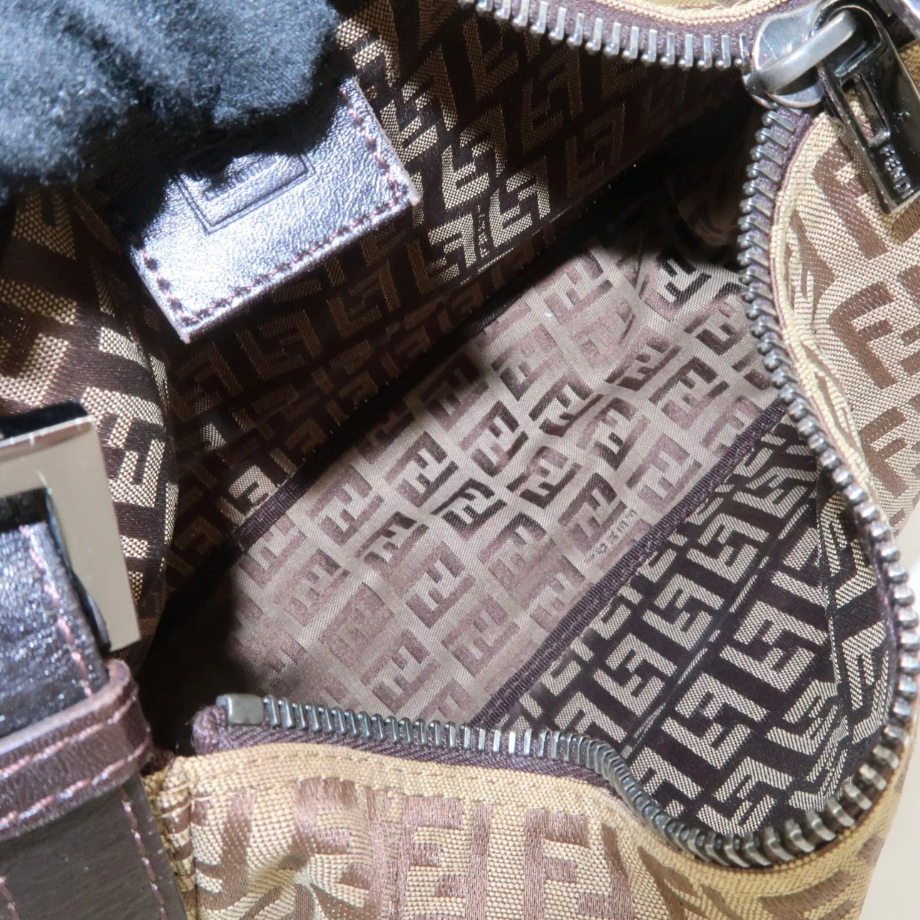 Fendi Zucchino Canvas Leather Hand Bag Beige Brown