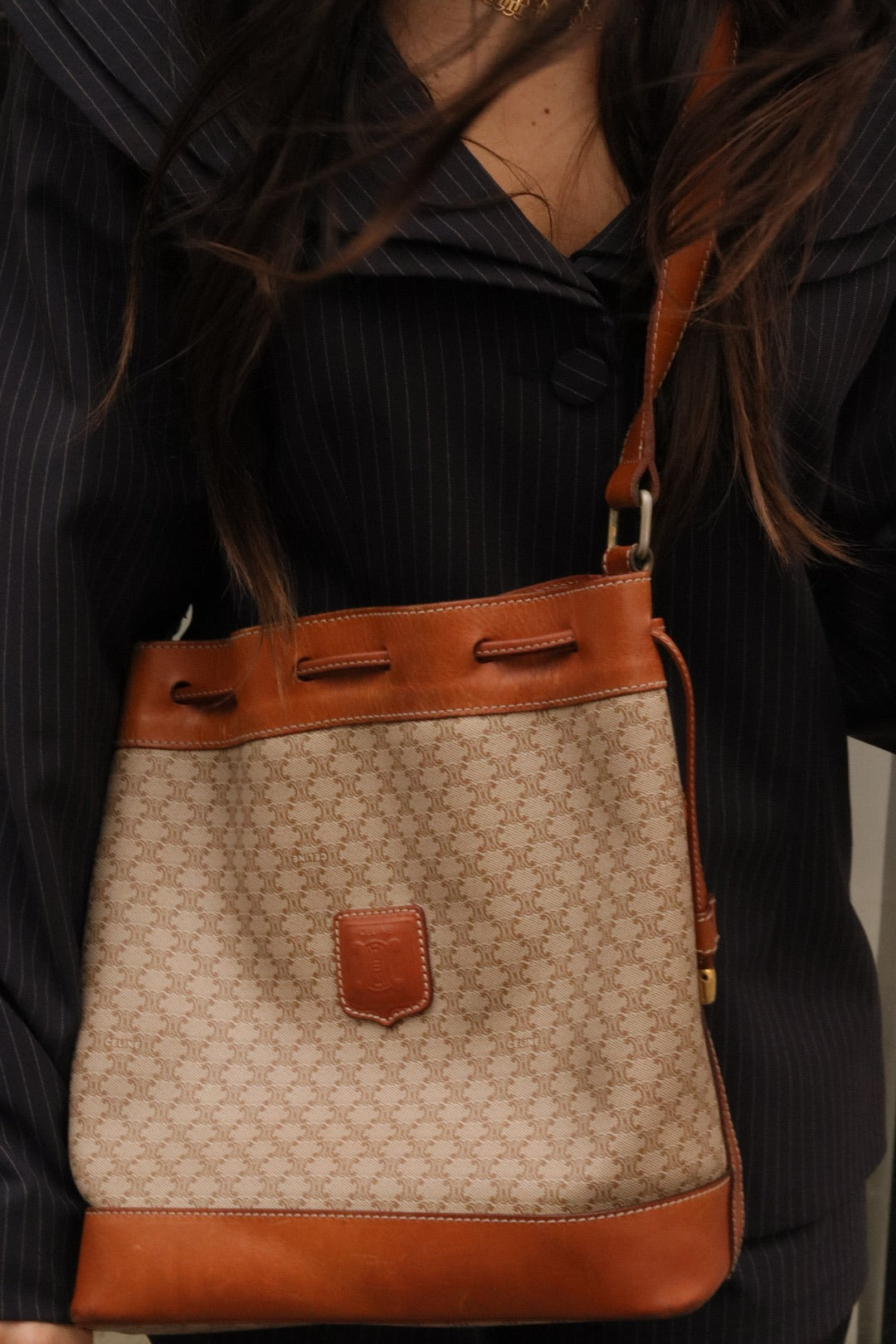Celine Macadam Drawstring Shoulder Bag - Beige, PVC