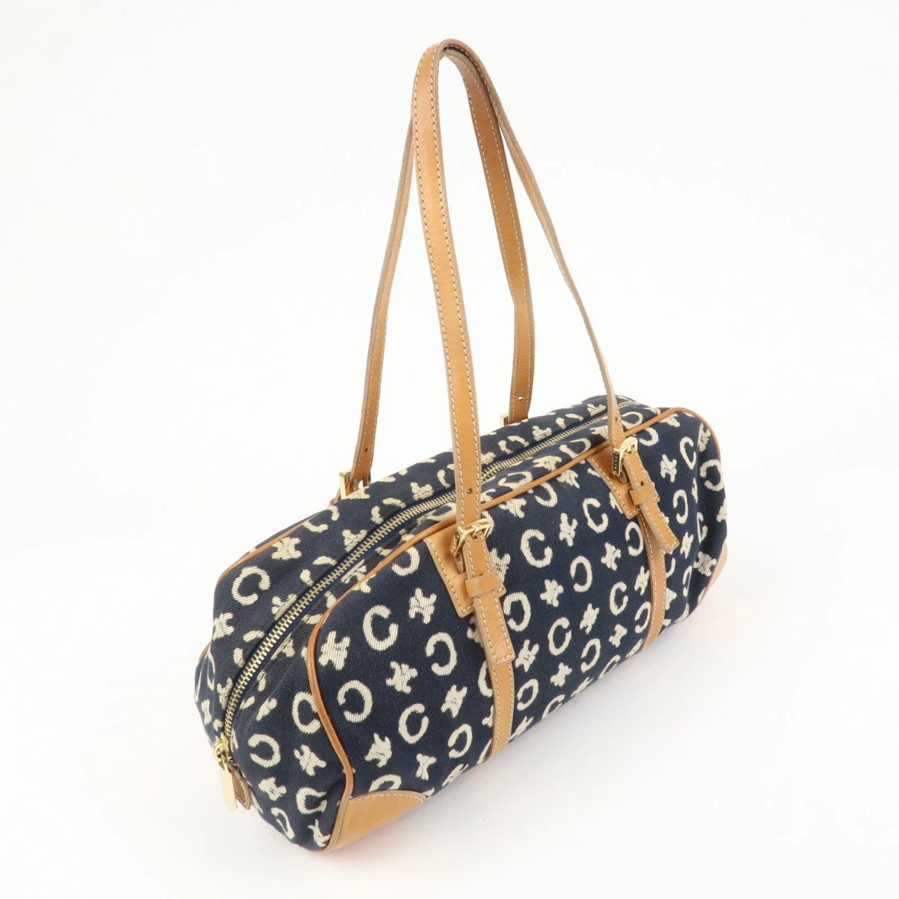 CELINE C Macadam Canvas Leather Shoulder Bag Navy