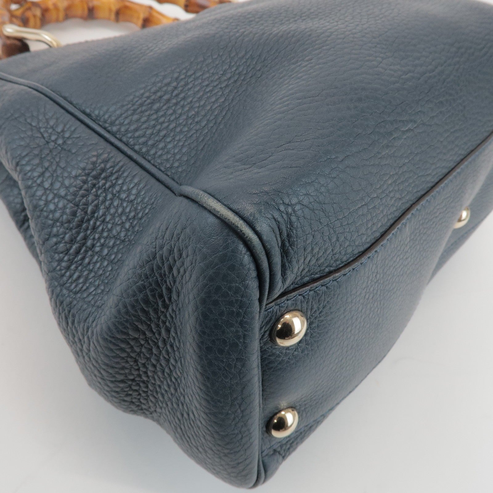 GUCCI Bamboo Calf Leather 2 Way Bag Tote Bag Navy