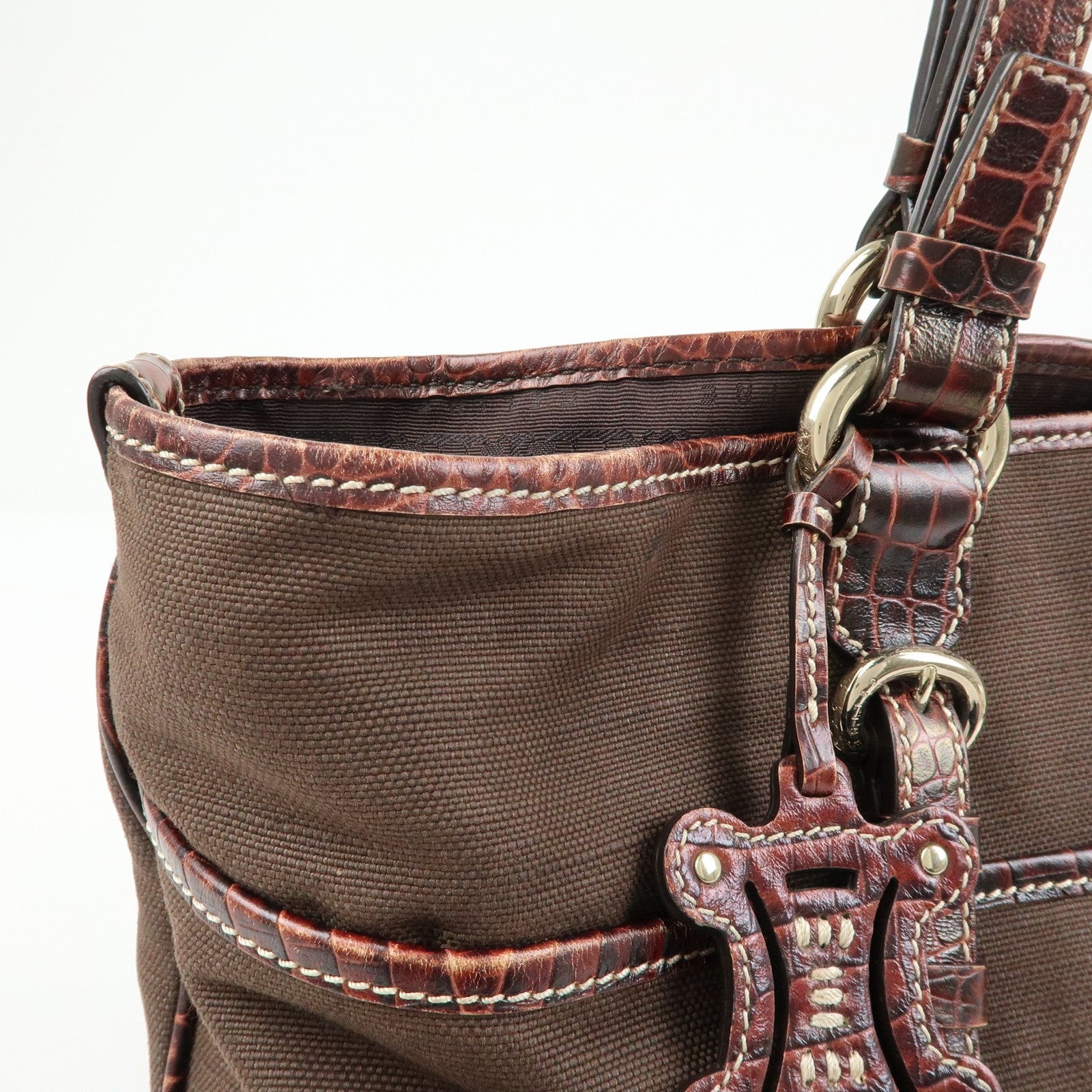 Celine Logo Canvas Tote Bag - Brown, Embossed Leather