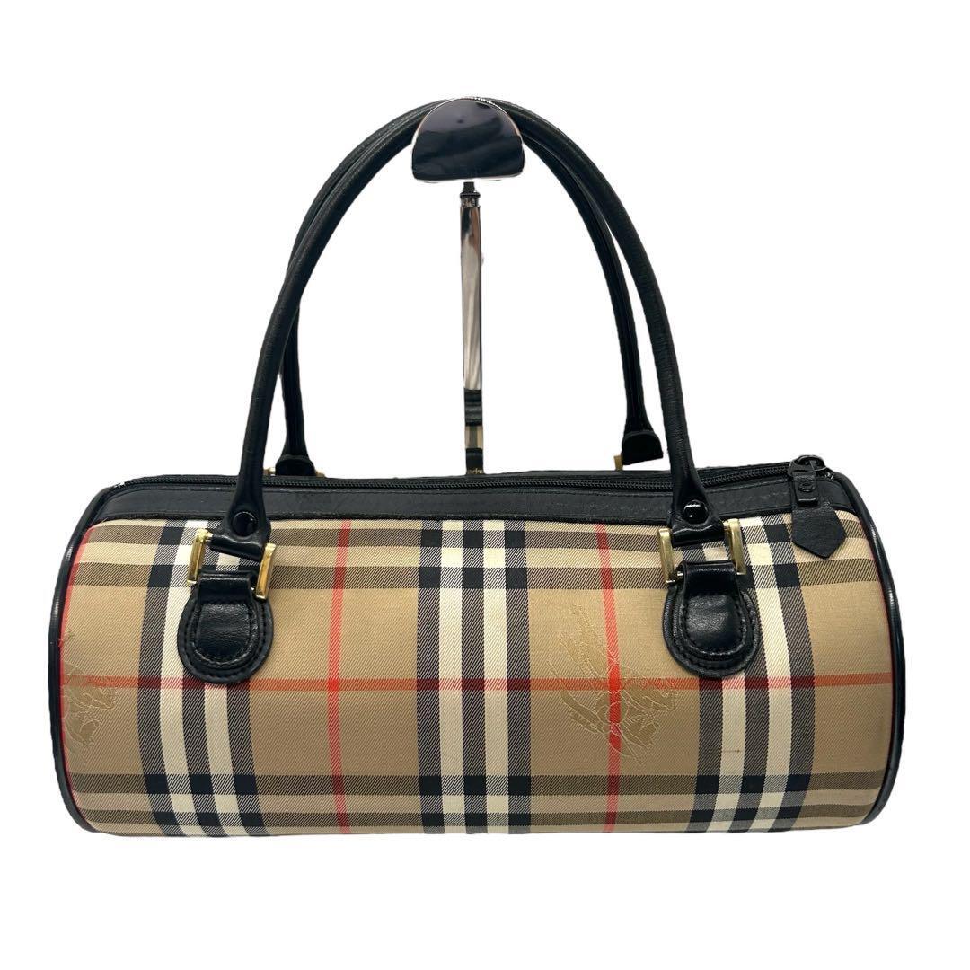 Burberry Nova Check Cylindrical Hand Bag - Black x Beige, Canvas and Leather