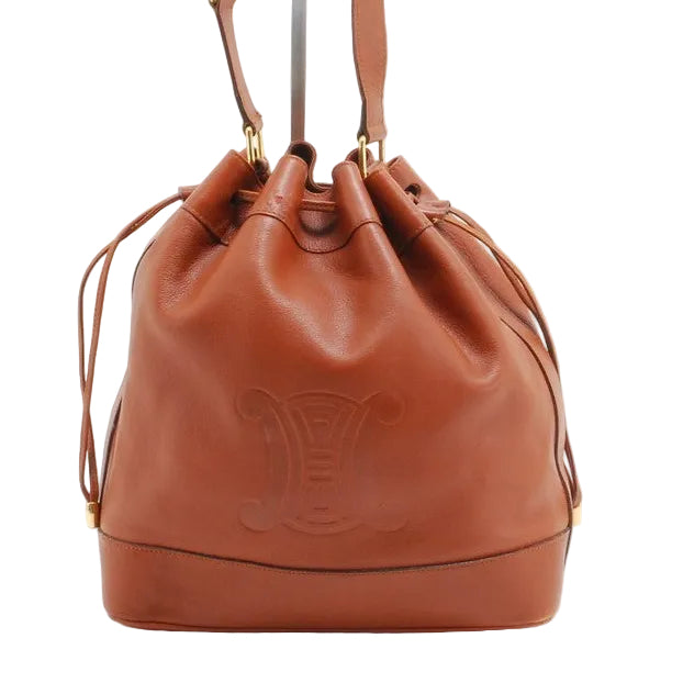Celine Large Logo Drawstring Shoulder Bucket Bag - Brown, Leather