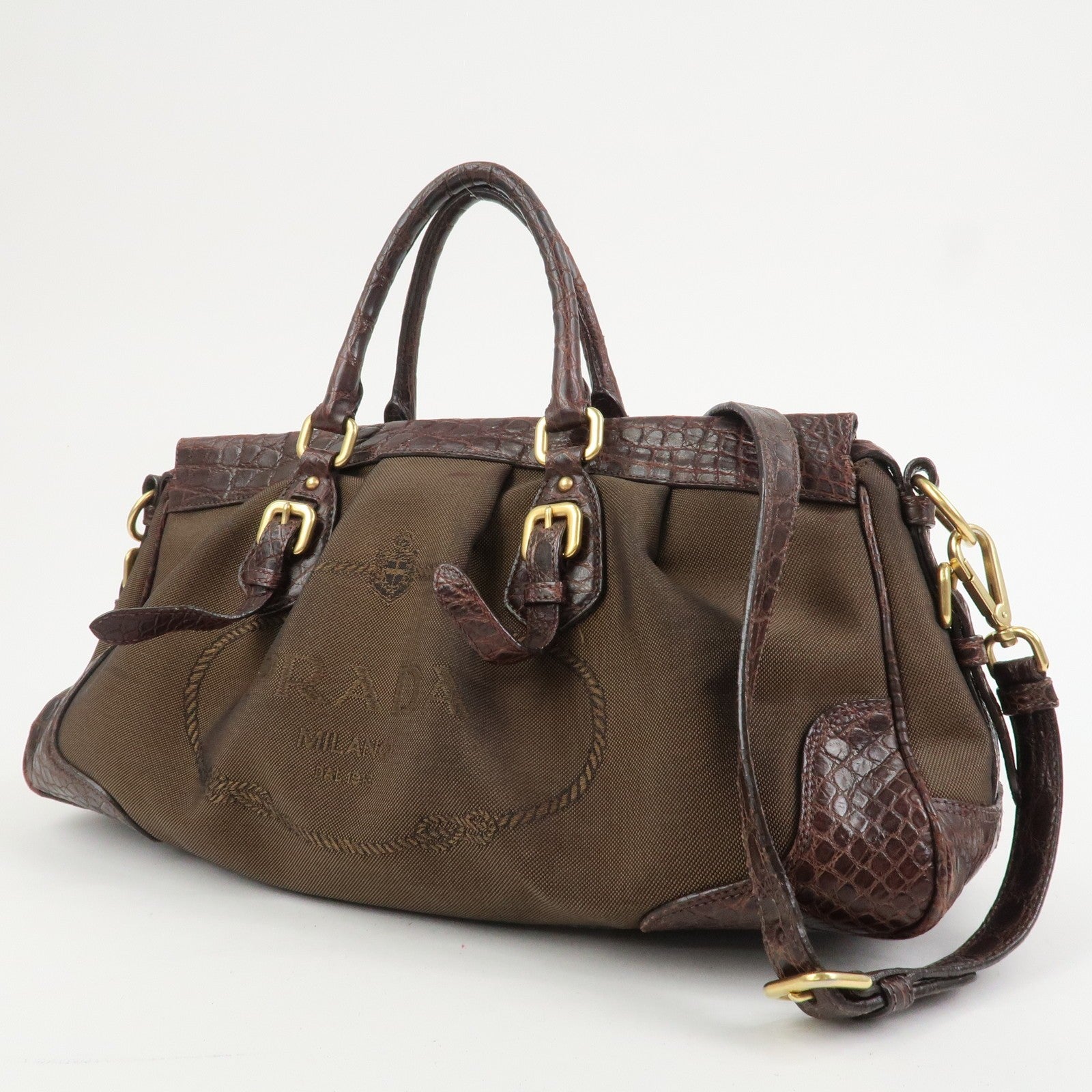 Prada 2Way Shoulder Bag - Brown, Canvas and Embossed Leather