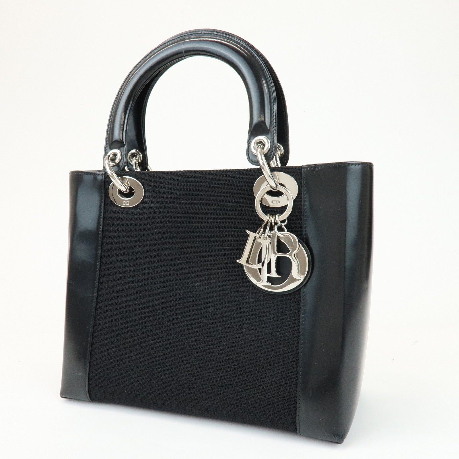 Christian Dior Lady Dior Hand Bag - Black, Canvas and Patent Leather