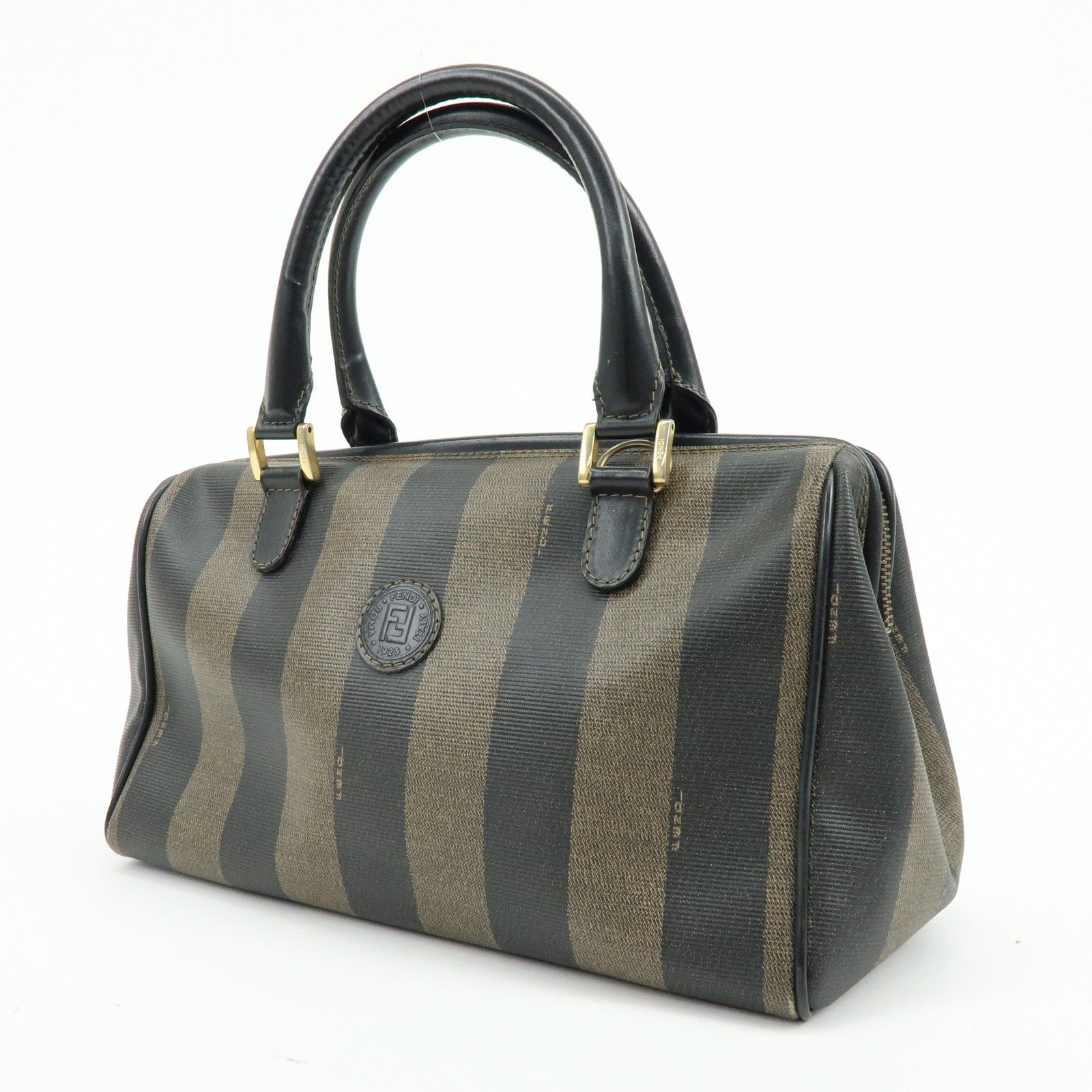 Fendi Pequin Boston Hand Bag - Black, Brown, PVC, Leather