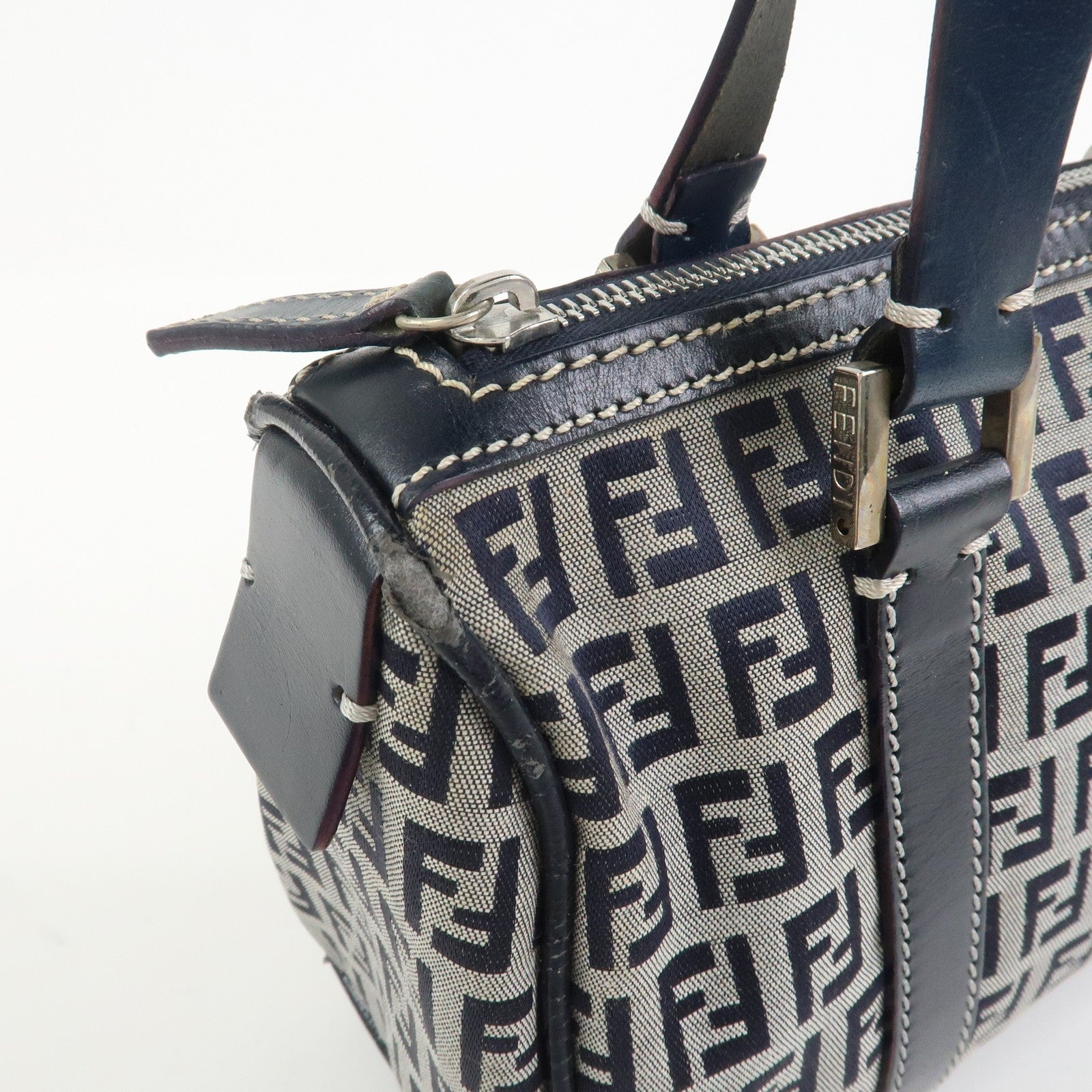 Fendi Boston Hand Bag - Navy, Canvas, Leather