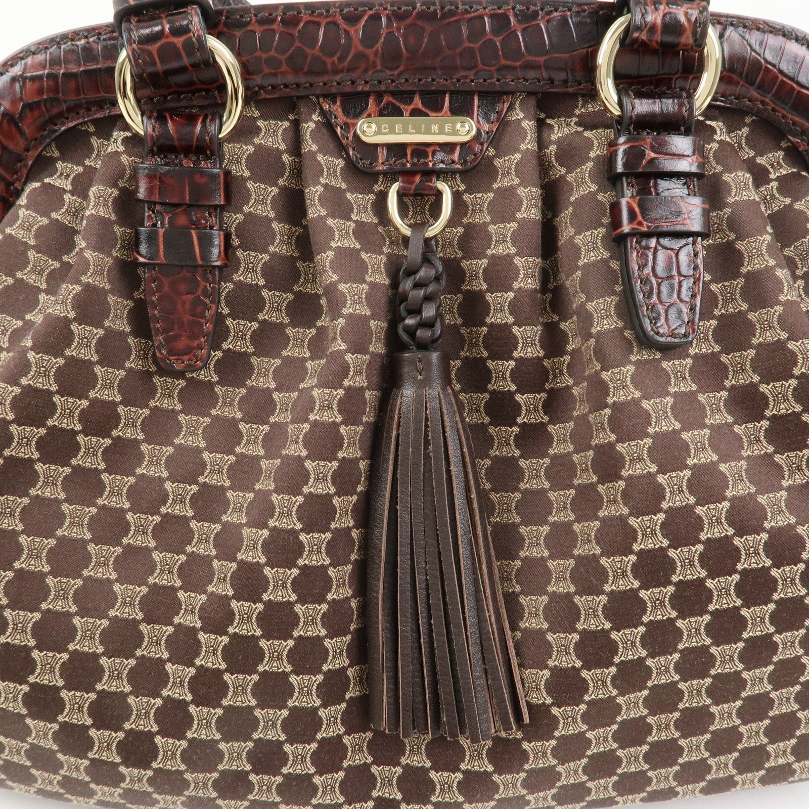 Celine Macadam Canvas Emboss Leather Shoulder Bag - Dark Brown, Canvas Leather