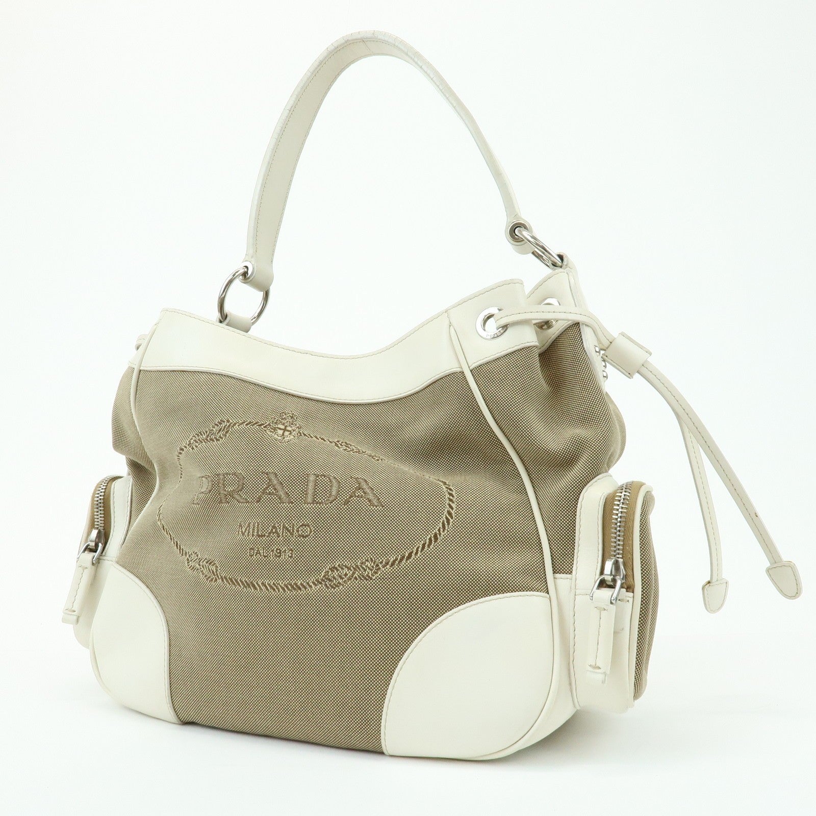 Prada Triangle Logo Shoulder Bag - Beige Ivory, Nylon Jacquard Leather