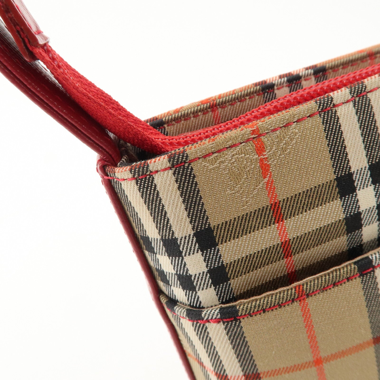 Burberry Nova Plaid Canvas Leather Shoulder Hand Bag - Red, Canvas