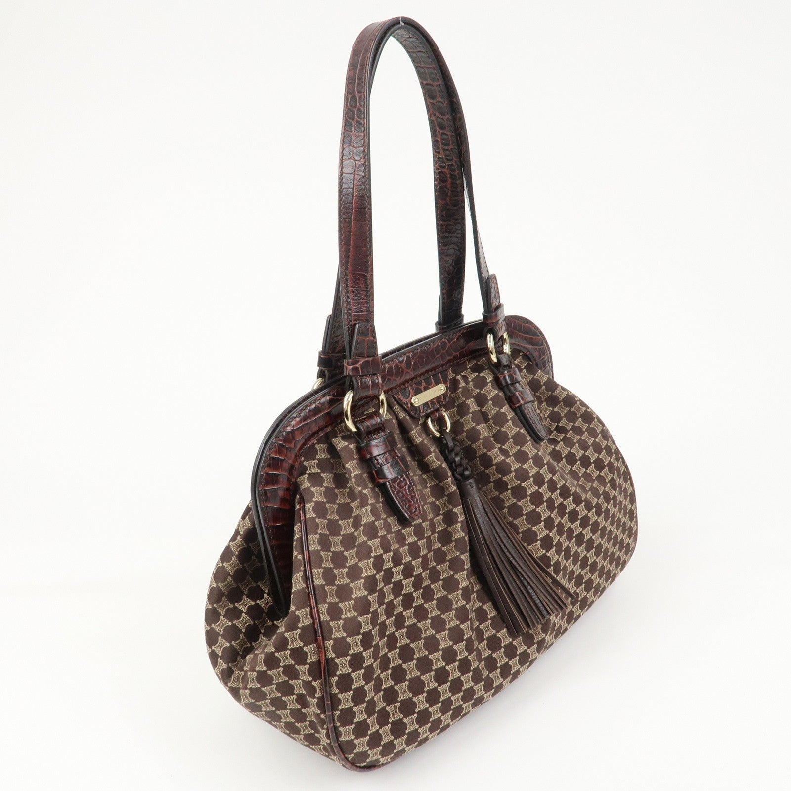 Celine Macadam Canvas Emboss Leather Shoulder Bag - Dark Brown, Canvas Leather