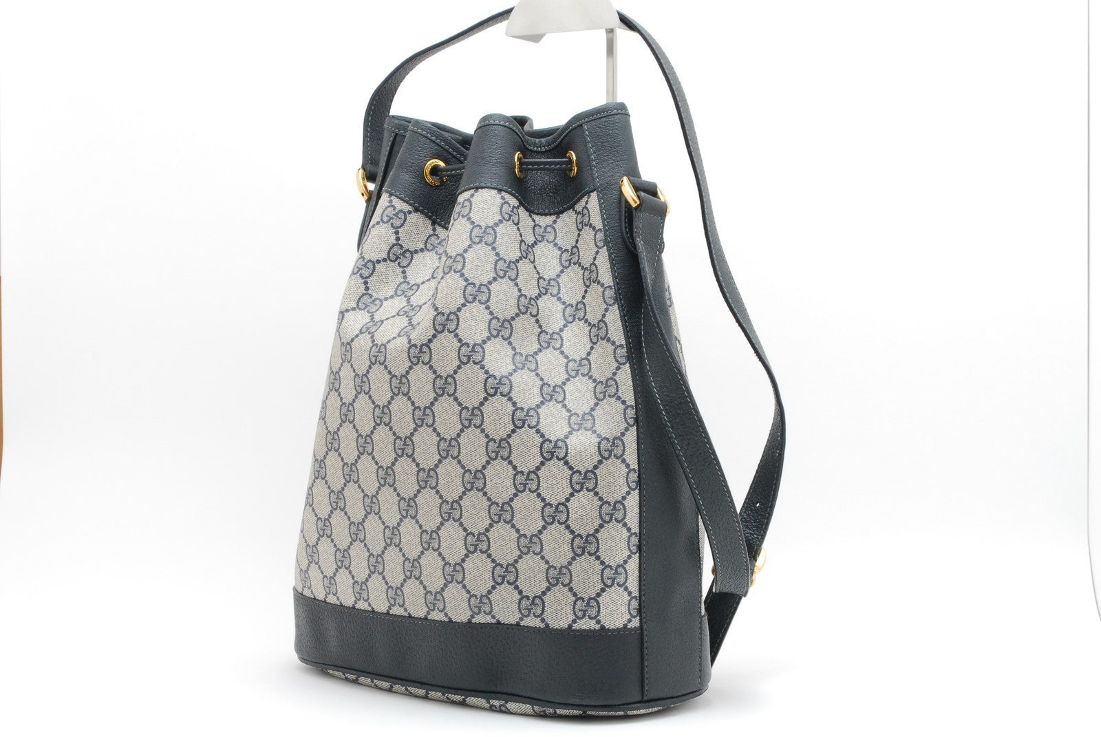 Gucci GG Supreme Drawstring Bucket Shoulder Bag - Navy Blue, Canvas and Leather